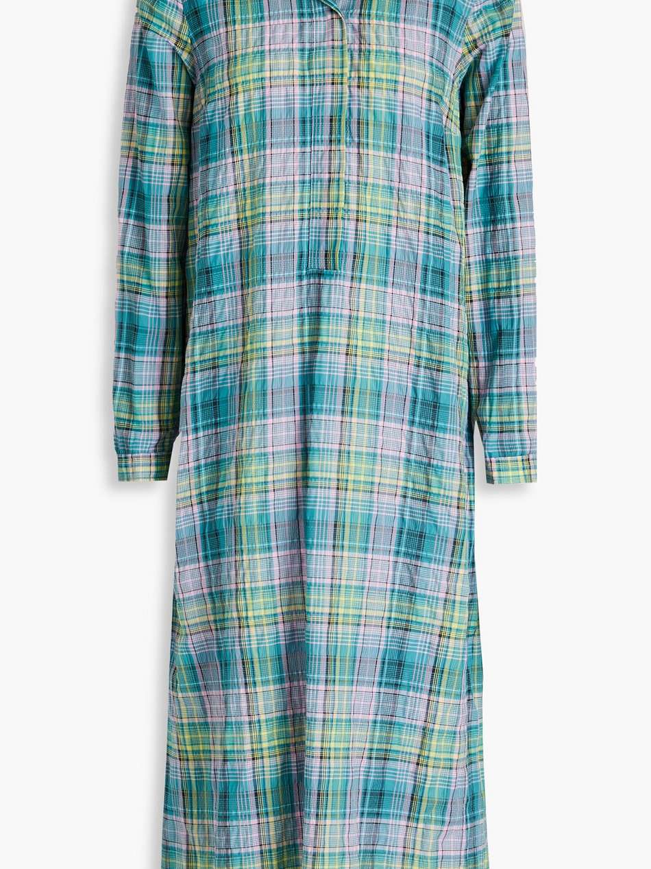 checked cotton-blend seersucker midi shirt dress