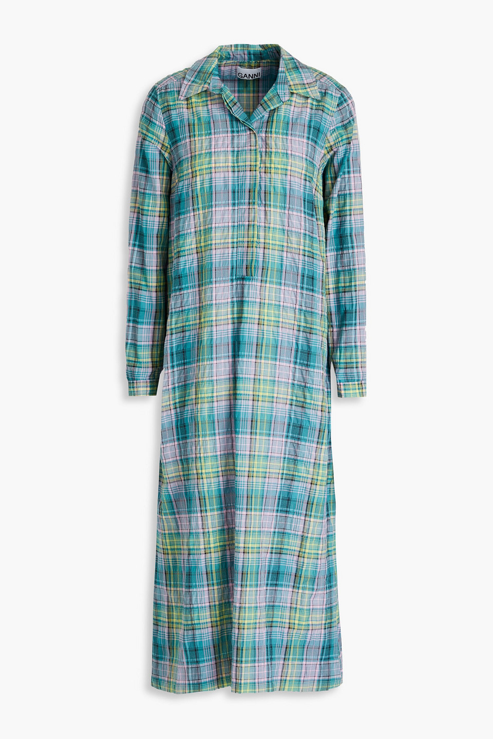 Ganni Checked Cotton-blend Seersucker Midi Shirt Dress In Jade