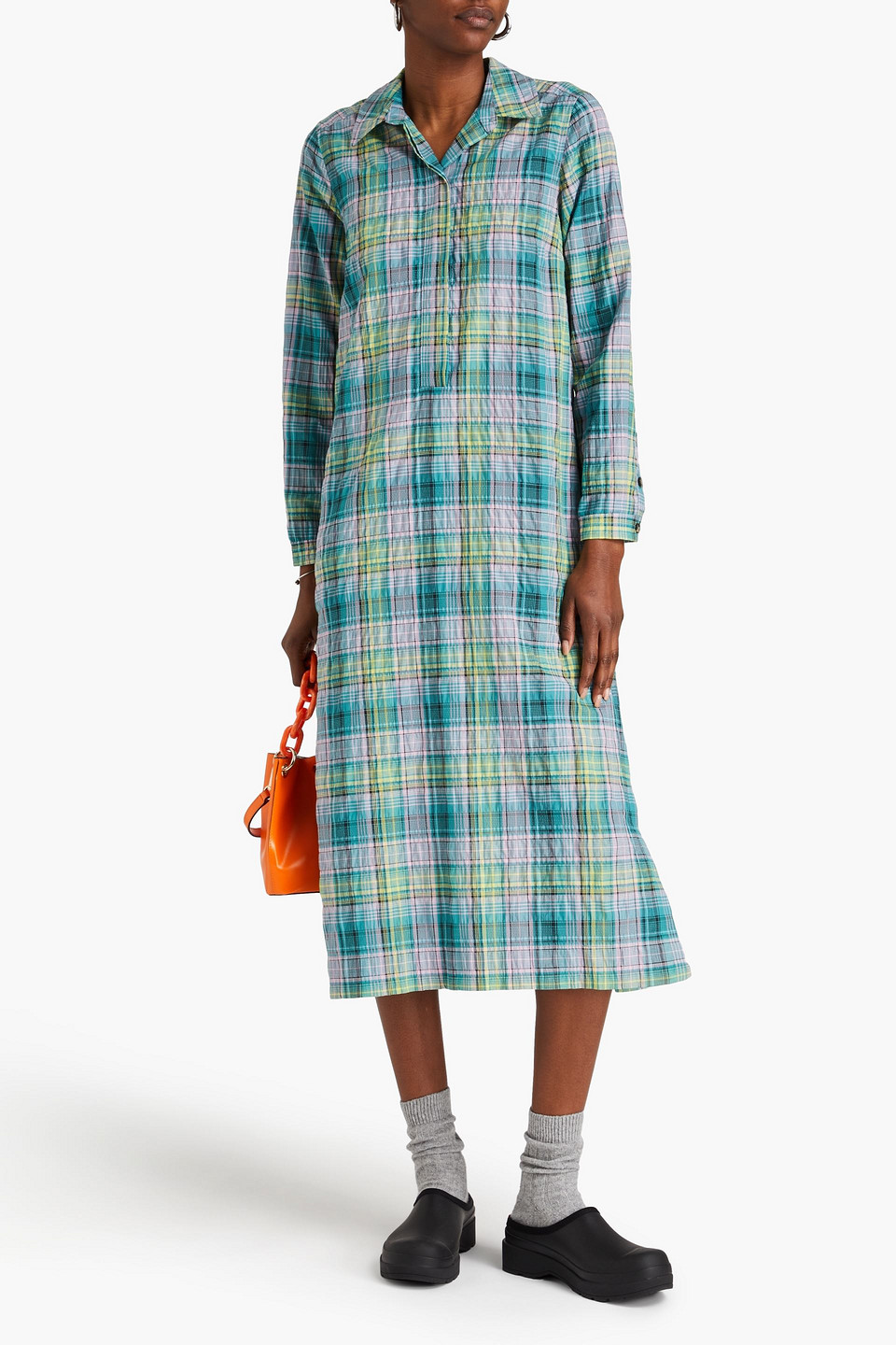 GANNI CHECKED COTTON-BLEND SEERSUCKER MIDI SHIRT DRESS