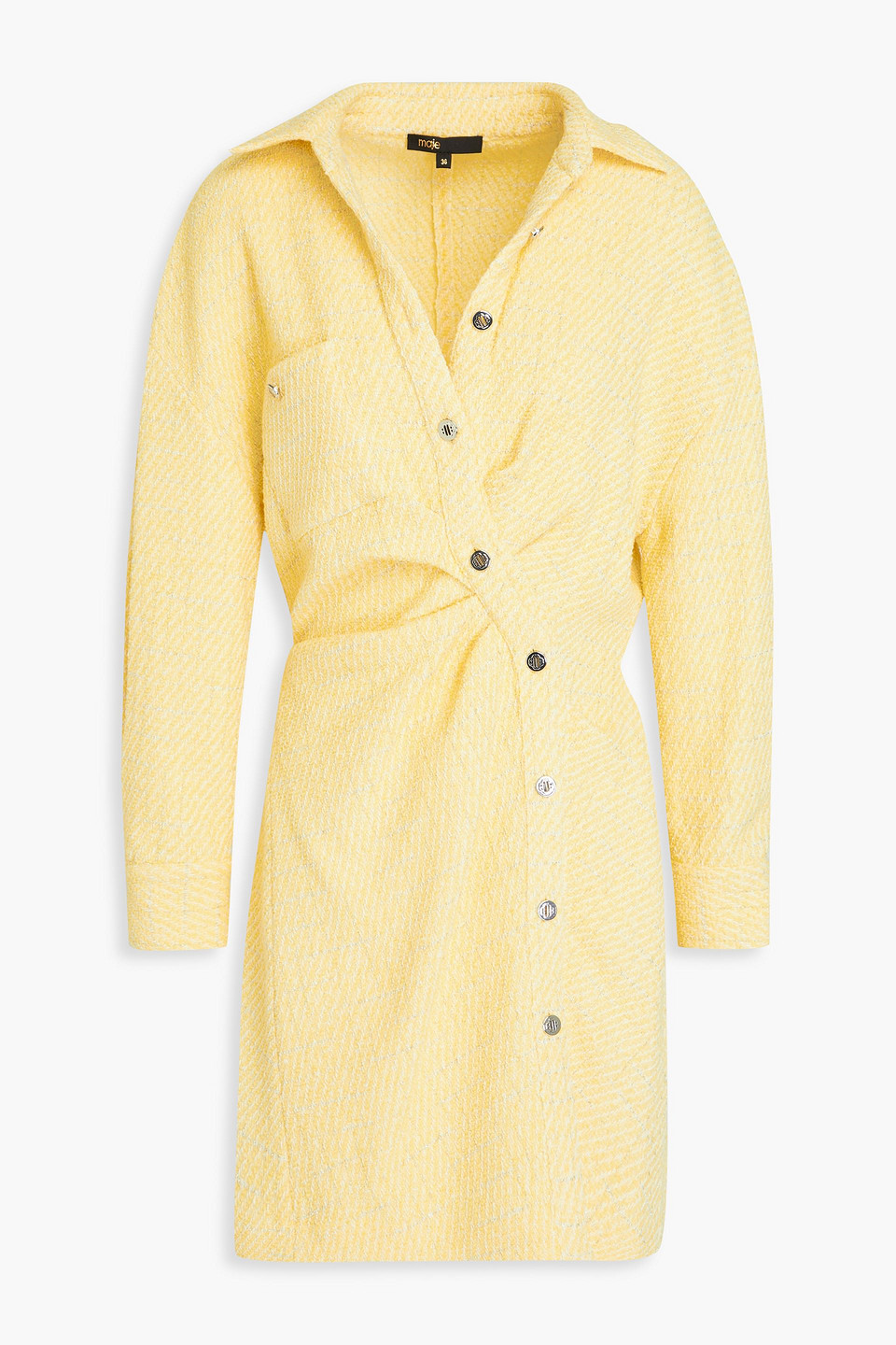 Maje Metallic Cotton-blend Bouclé-tweed Mini Shirt Dress In Pastellgelb