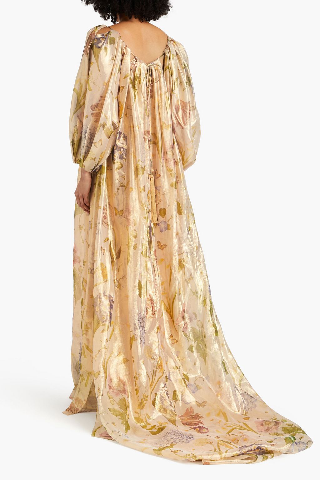 OSCAR DE LA RENTA Cutout gathered metallic floral-print silk-blend gown
