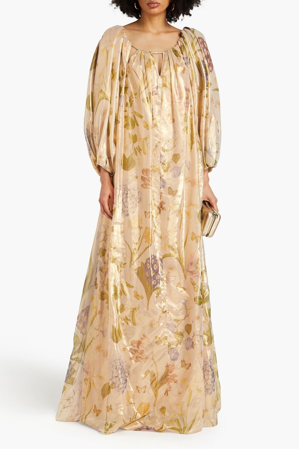 OSCAR DE LA RENTA Cutout gathered metallic floral-print silk-blend gown