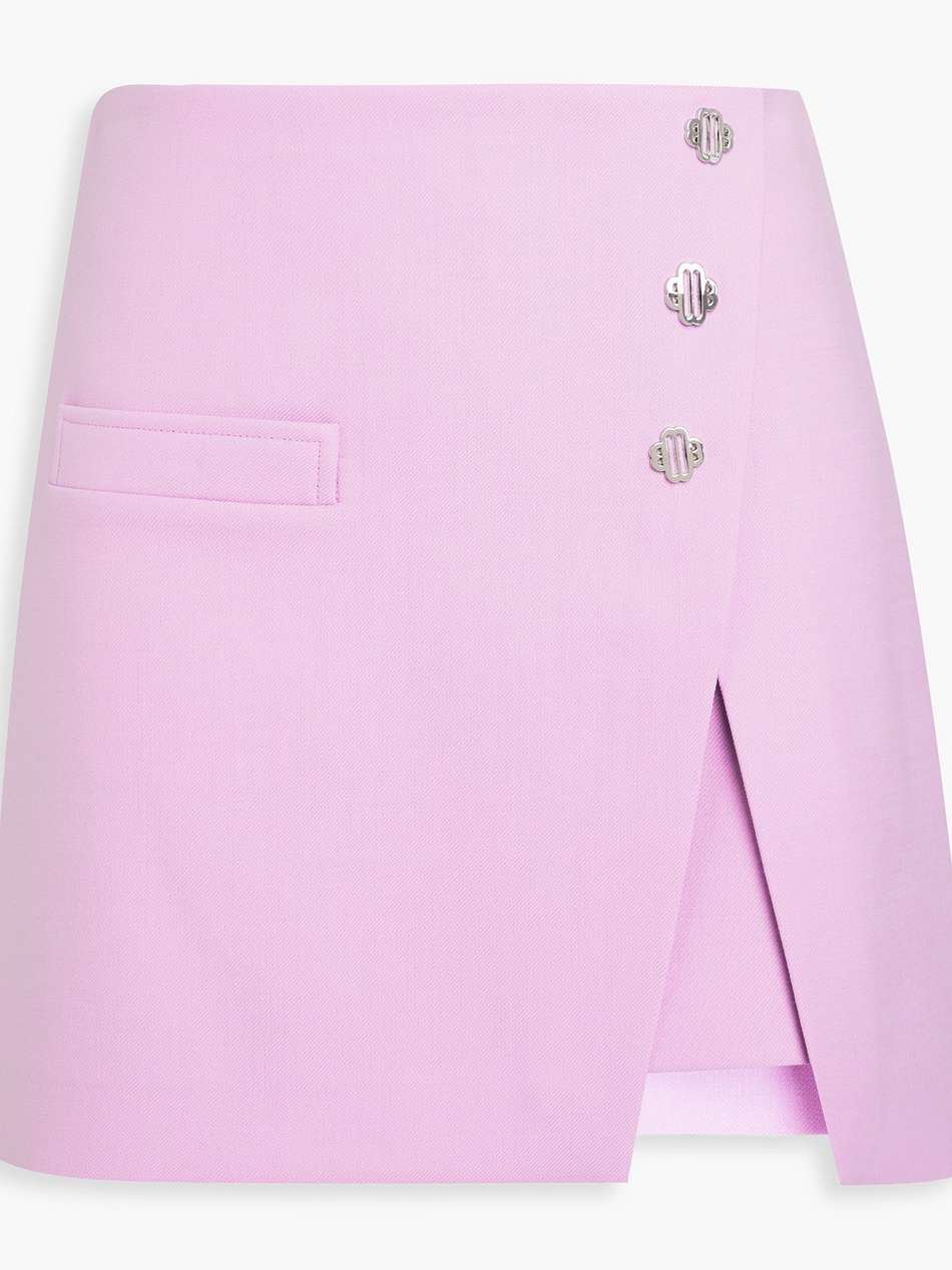wrap-effect embellished twill mini skirt