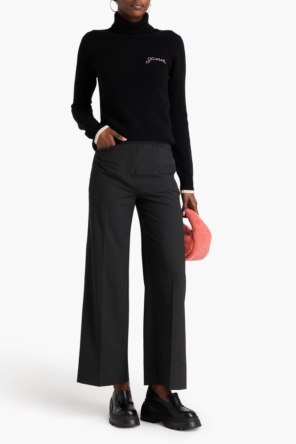 Shop Ganni Woven Wide-leg Pants In Charcoal