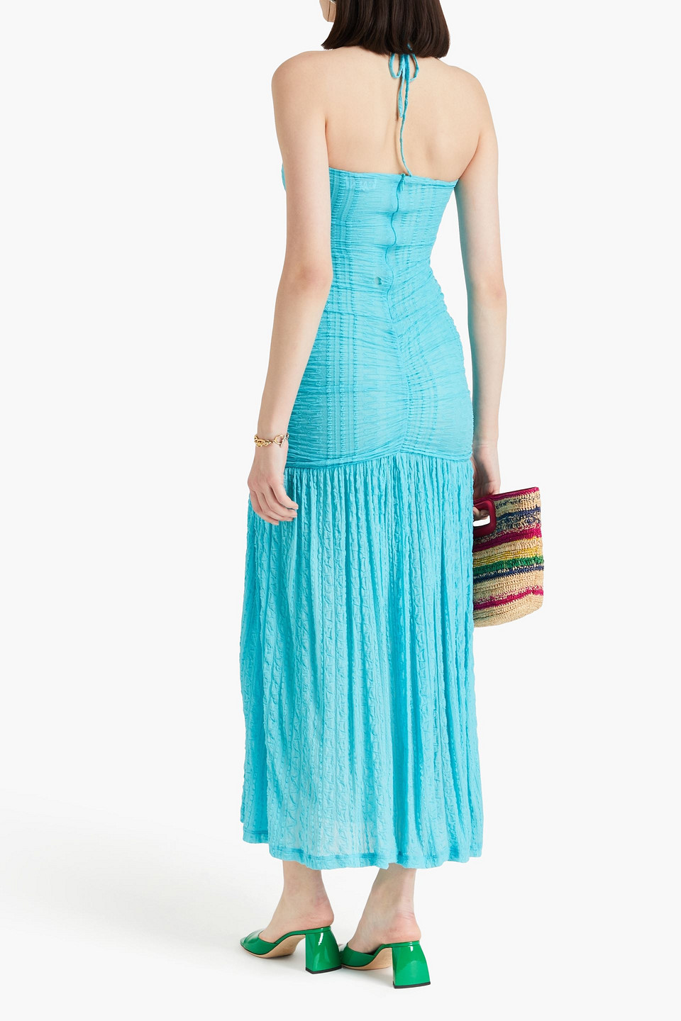 Shop Ganni Ruched Textured-knit Halterneck Maxi Dress In Turquoise