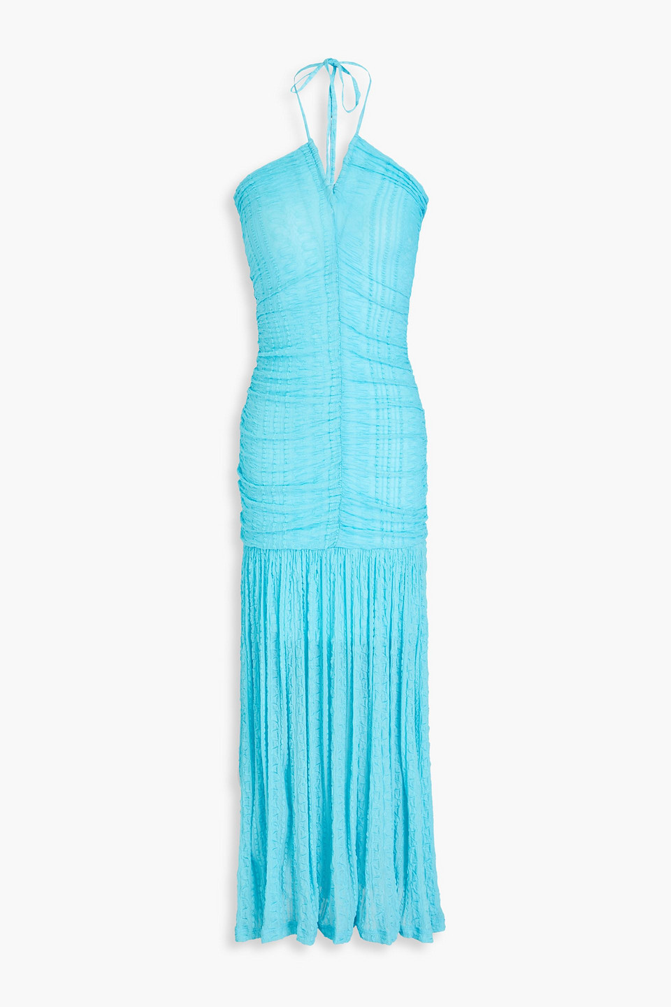 Shop Ganni Ruched Textured-knit Halterneck Maxi Dress In Turquoise