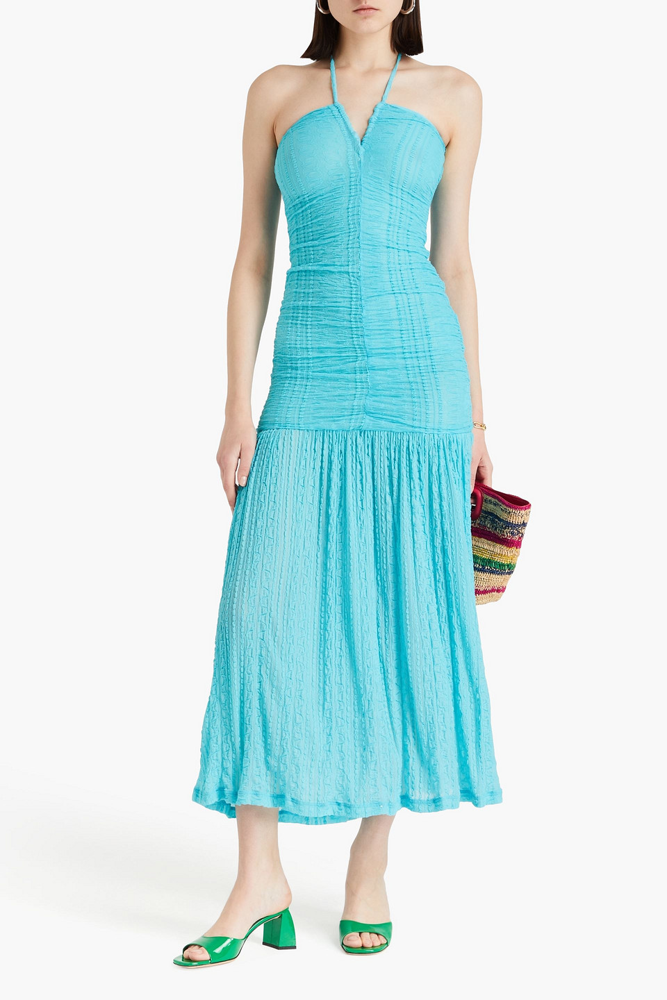 Shop Ganni Ruched Textured-knit Halterneck Maxi Dress In Turquoise