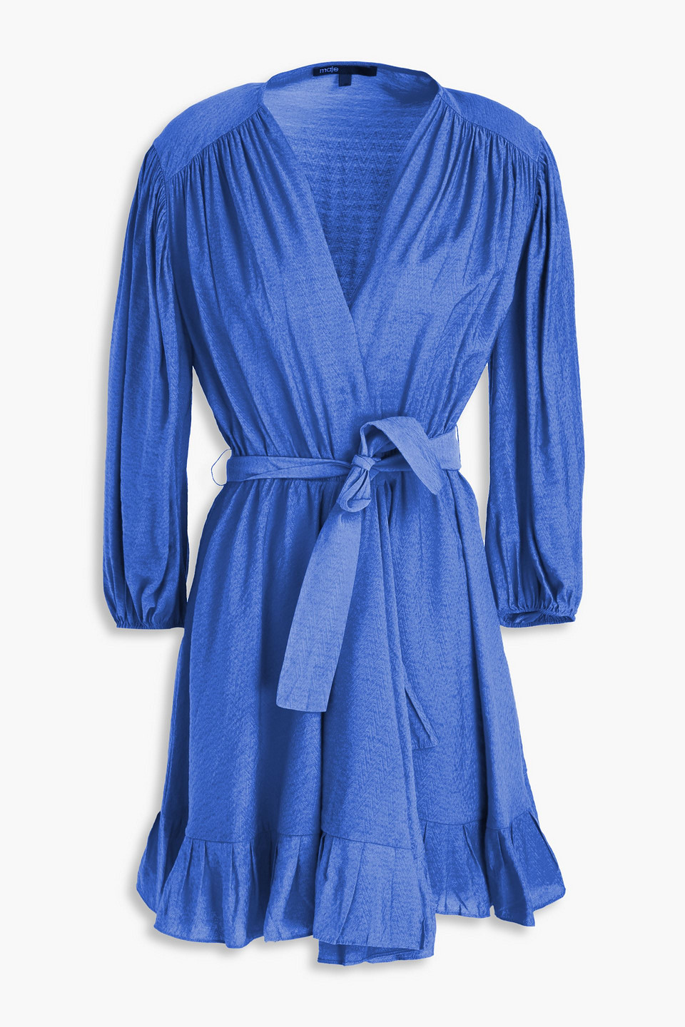 Maje Ruffled Jacquard Mini Wrap Dress In Blau
