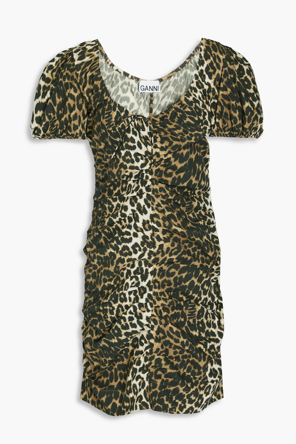 Ganni Ruched Leopard-print Cotton Mini Dress In Brown