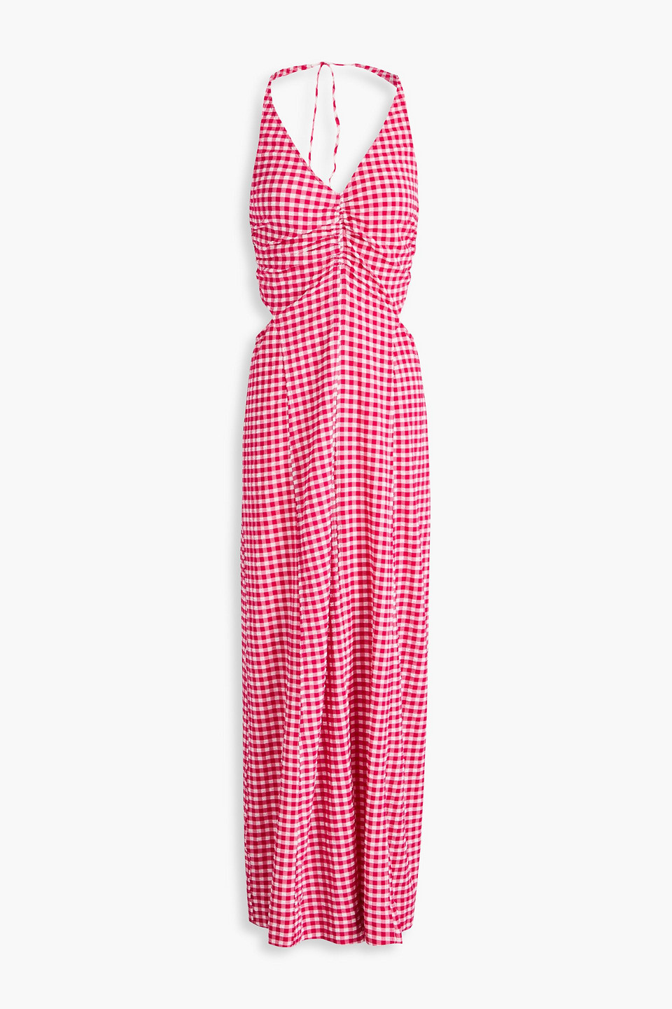 Ganni Ruched Gingham Stretch-seersucker Maxi Dress In Fuchsia