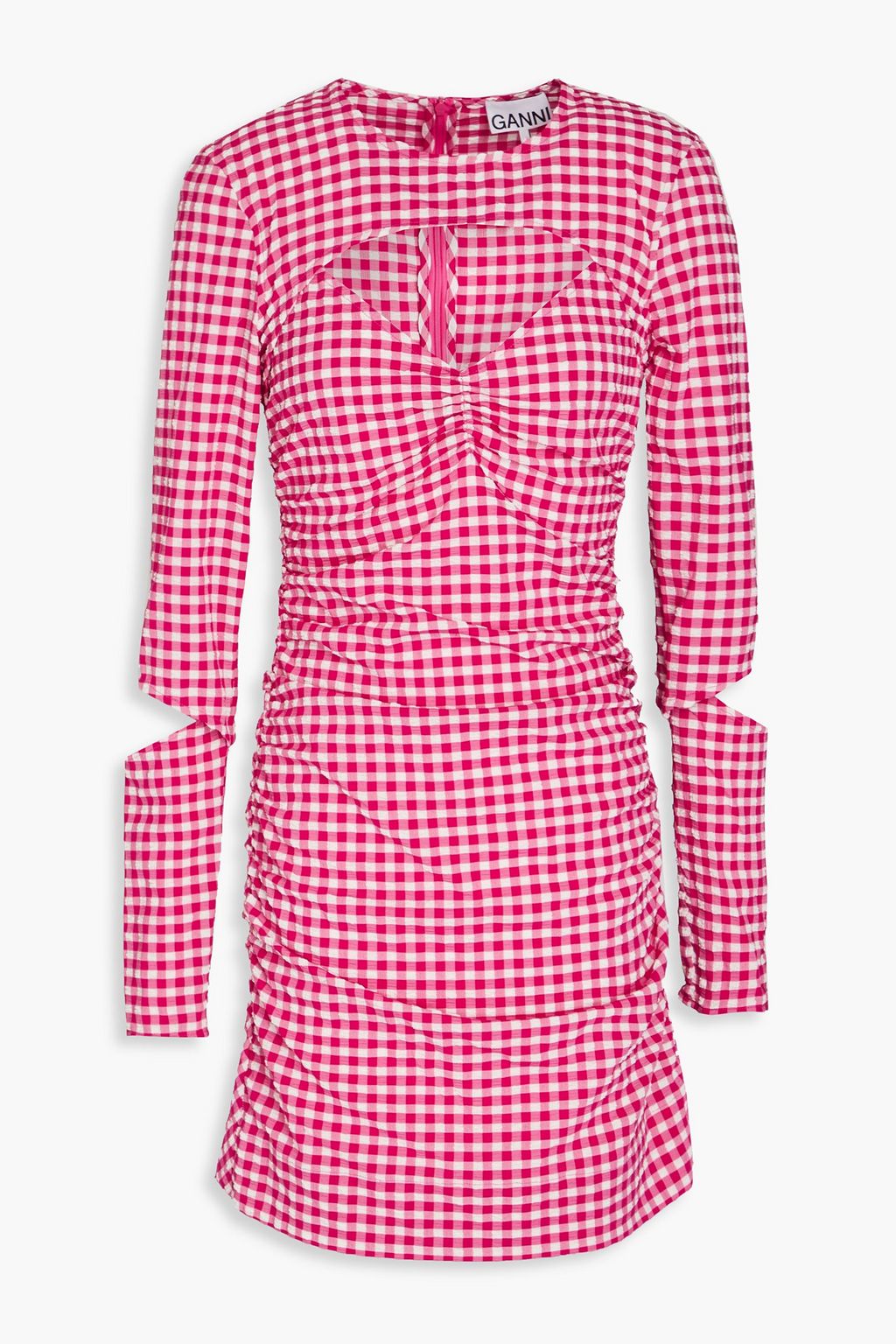 GANNI Cutout ruched gingham seersucker mini dress THE OUTNET