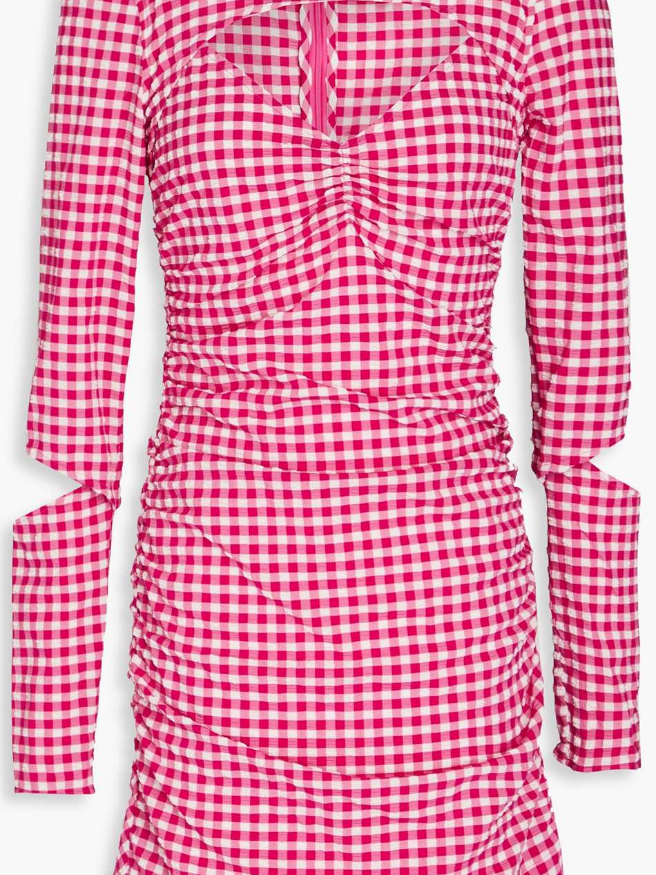 cutout ruched gingham seersucker mini dress
