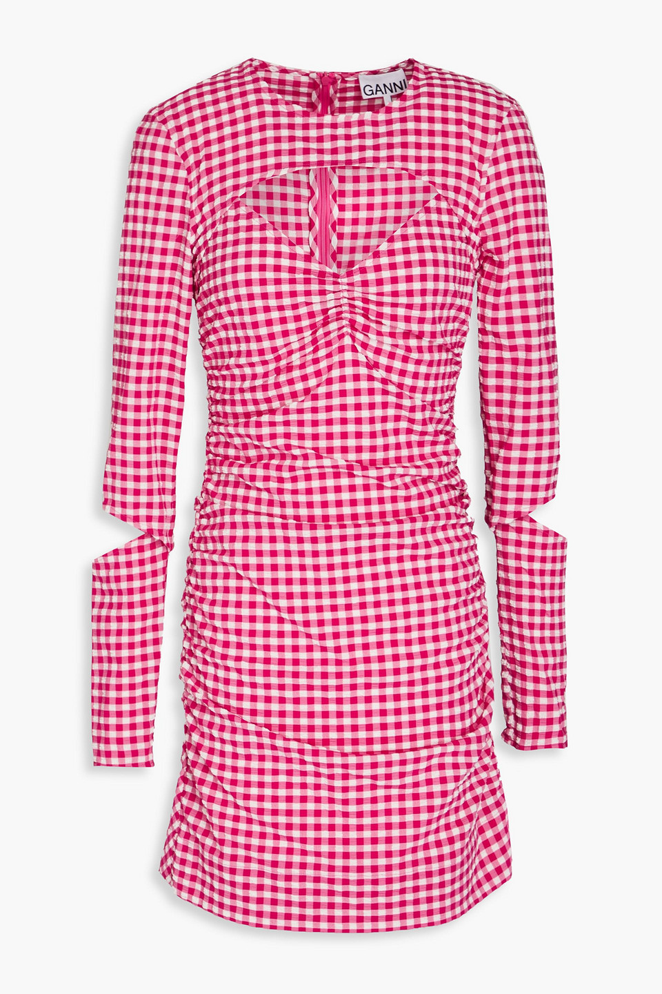 Ganni Cutout Ruched Gingham Seersucker Mini Dress In Fuchsia