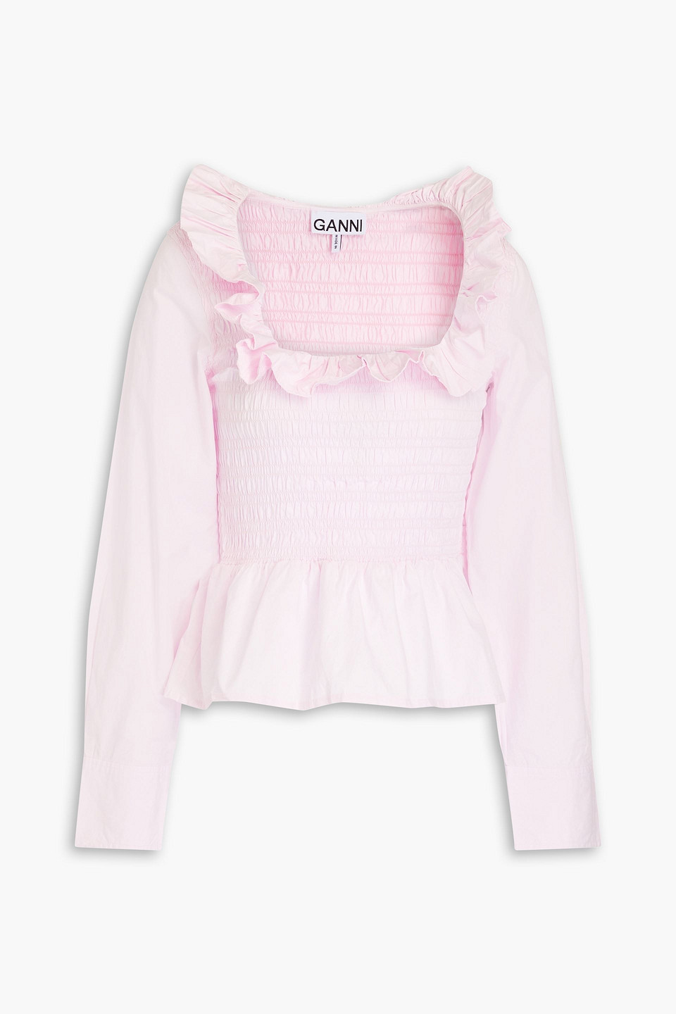 Ganni Light Pink Open-neck Blouse With Ruffles In Cotton In Pastel Pink