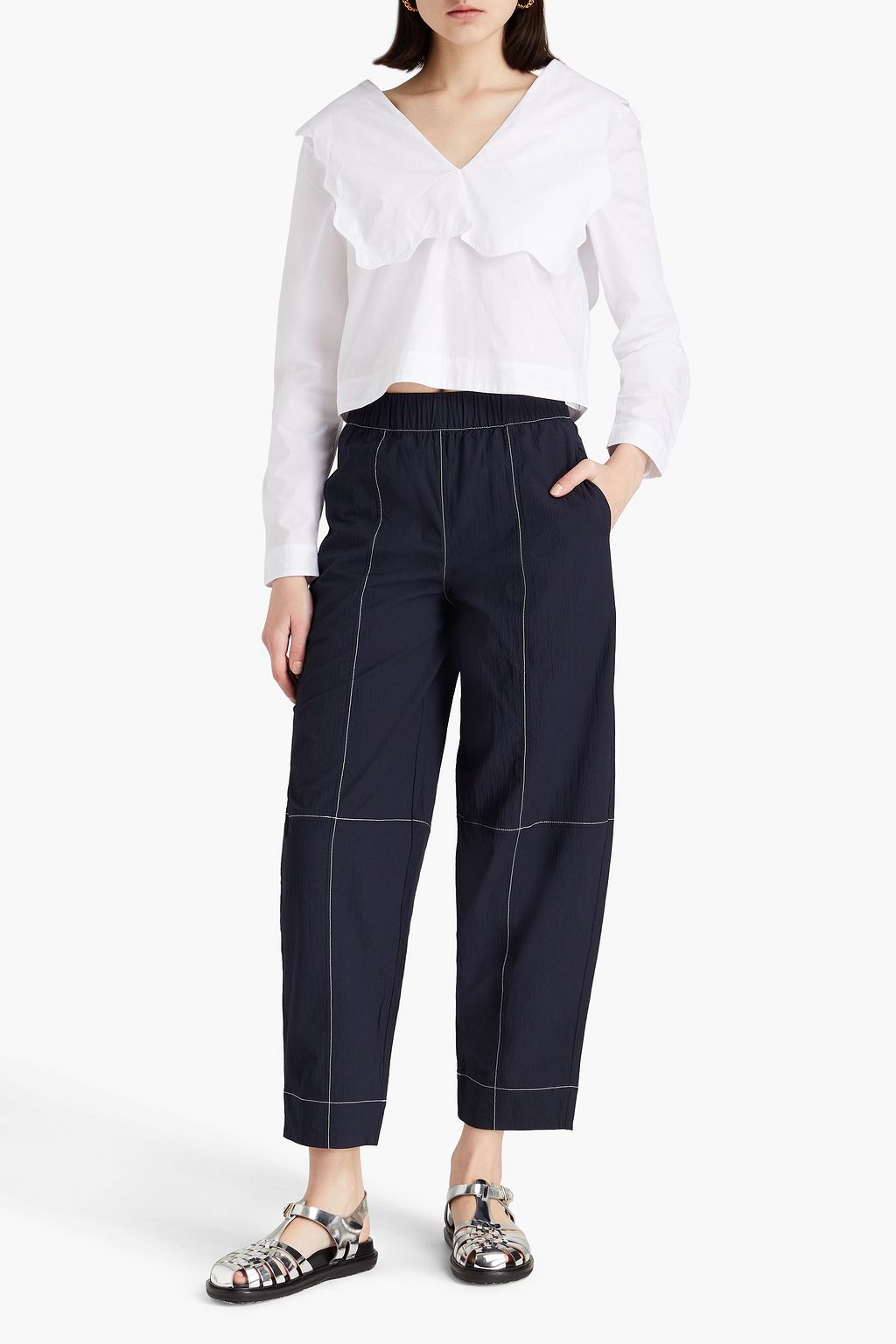 GANNI Scalloped cotton-poplin top