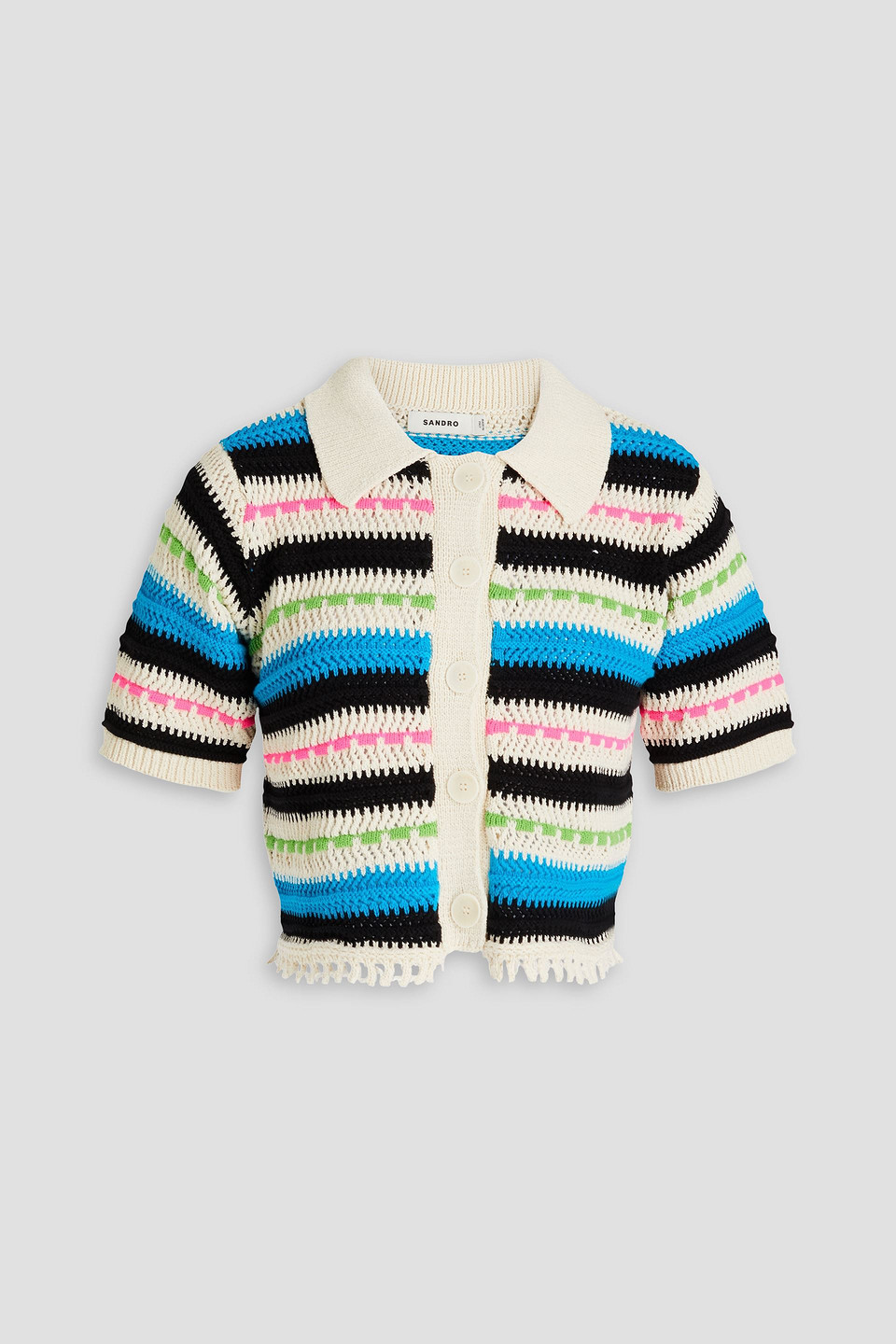 Sandro Cropped Striped Crocheted Cotton-blend Cardigan In Multi