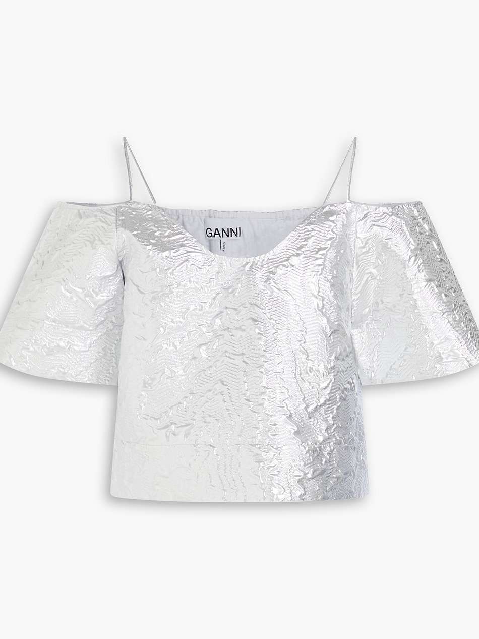 cold-shoulder cropped metallic cotton-blend cloqué top