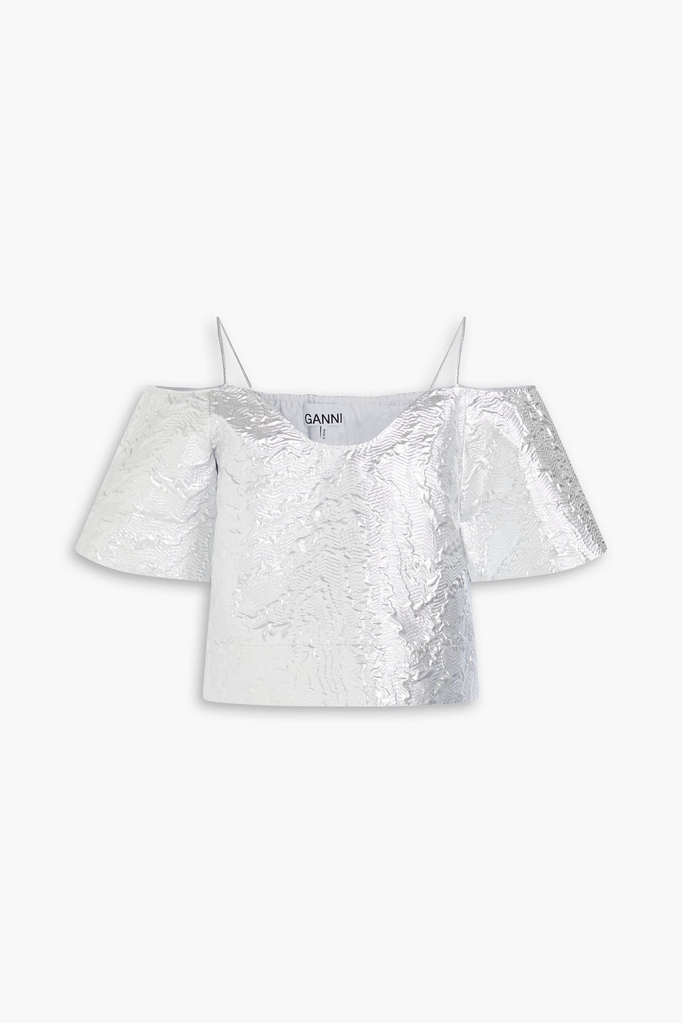 Ganni Cold-shoulder Cropped Metallic Cotton-blend Cloqué Top In Silver