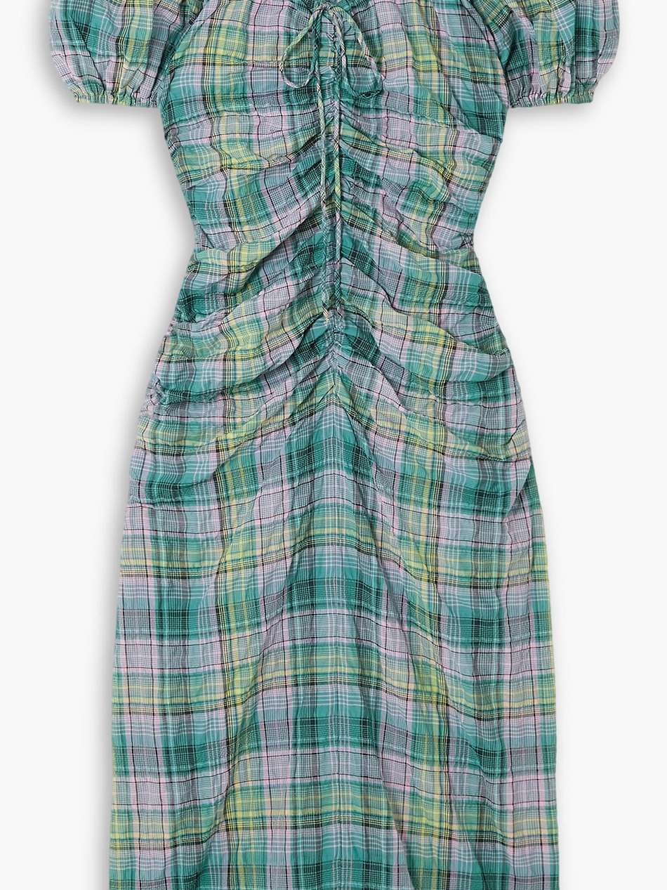 ruched checked cotton-blend seersucker midi dress