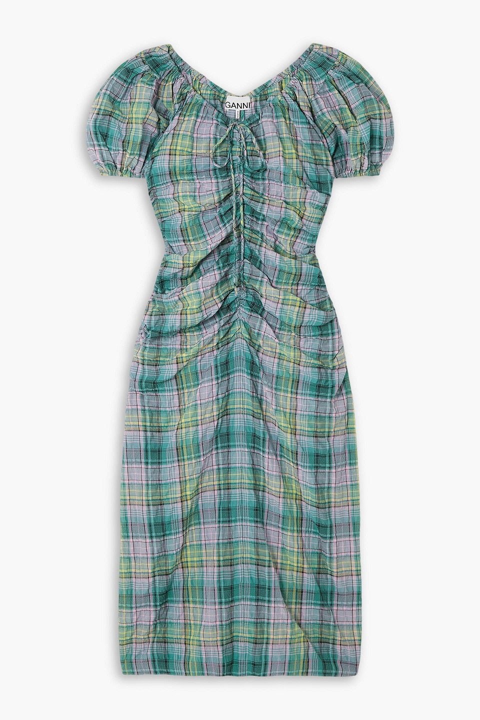 Shop Ganni Ruched Checked Cotton-blend Seersucker Midi Dress In Teal