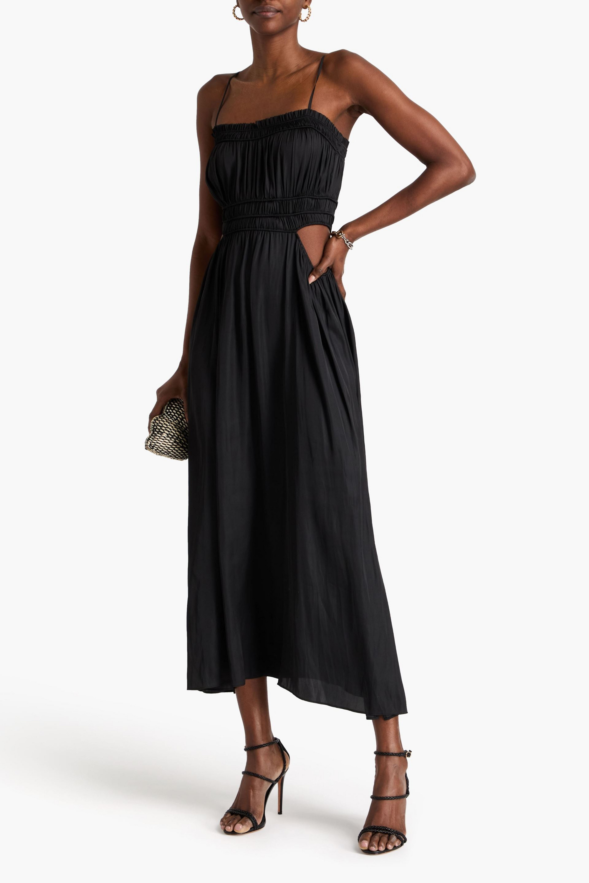 MAJE Cutout shirred satin midi dress