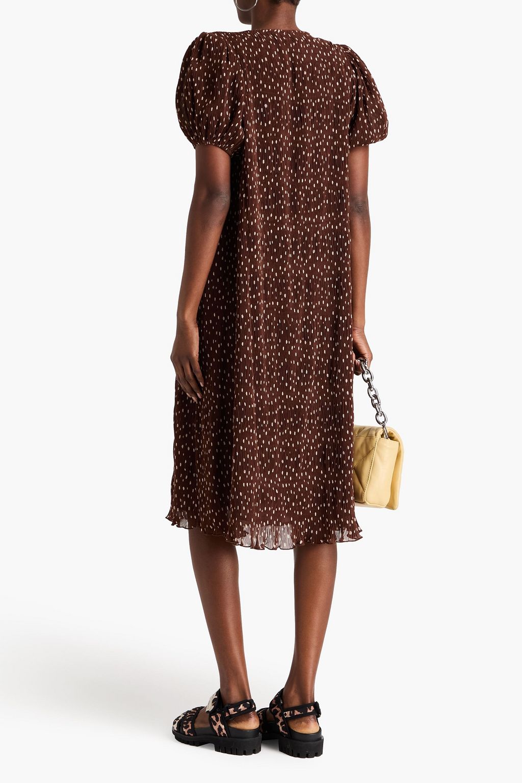 GANNI Polka-dot plissé-crepon midi dress