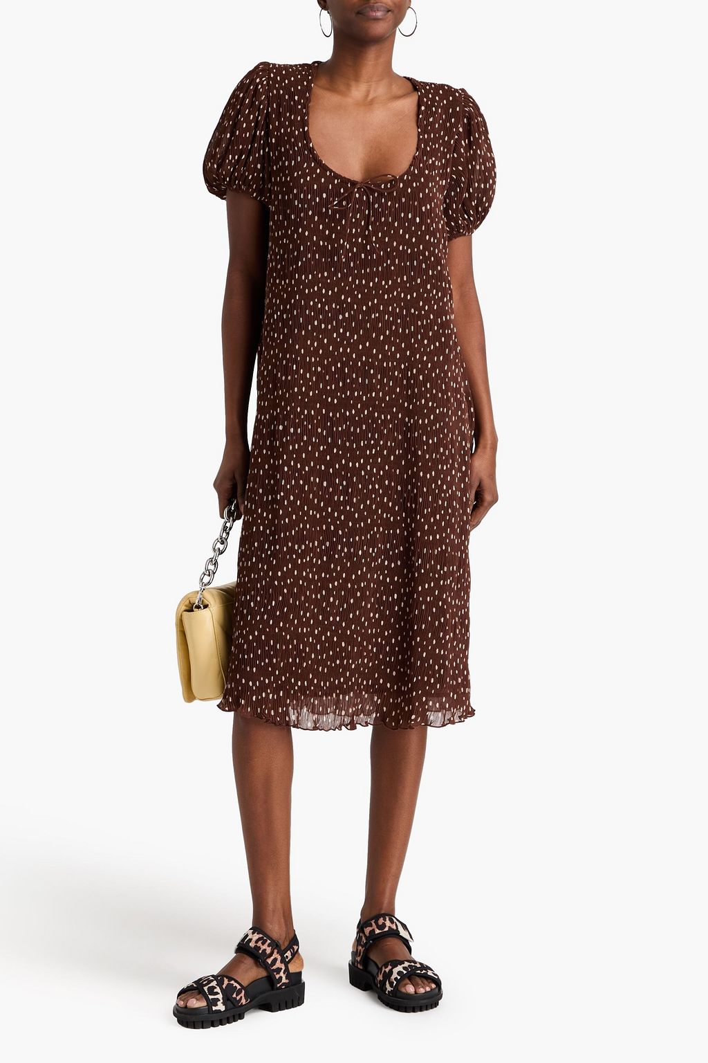GANNI Polka-dot plissé-crepon midi dress