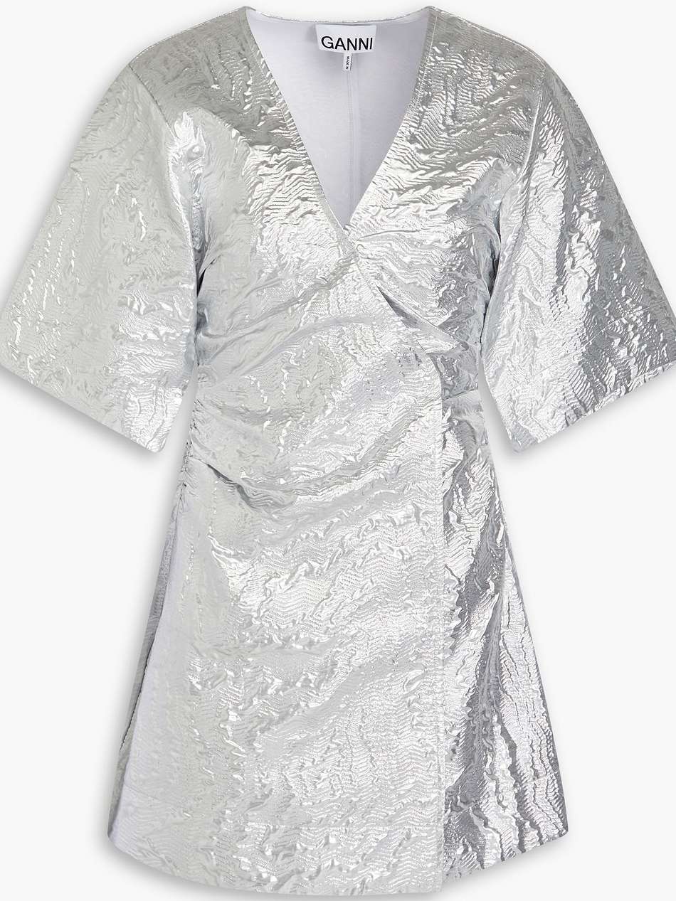 metallic cloqué mini wrap dress