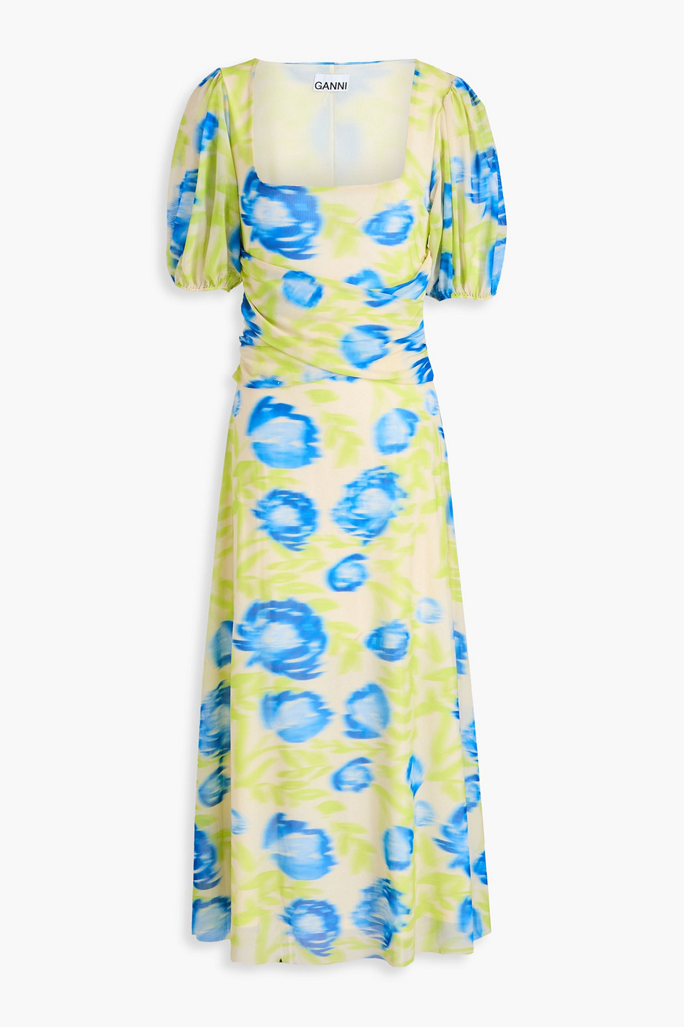 Ganni Ruched Printed Stretch-mesh Midi Dress In Strong Blue
