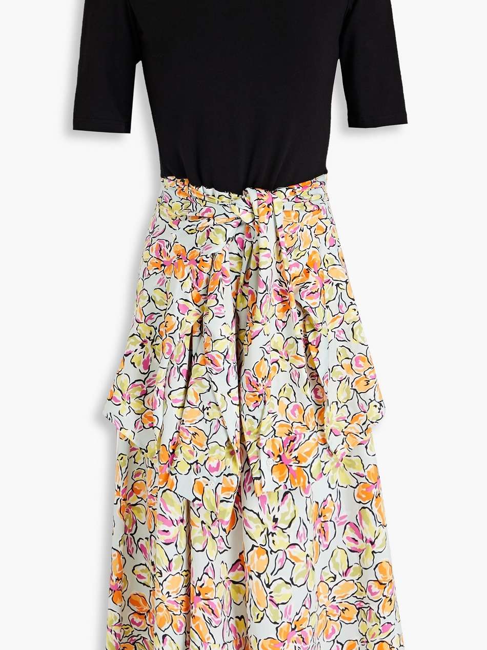 knotted floral-print satin-crepe and stretch-cotton jersey midi dress