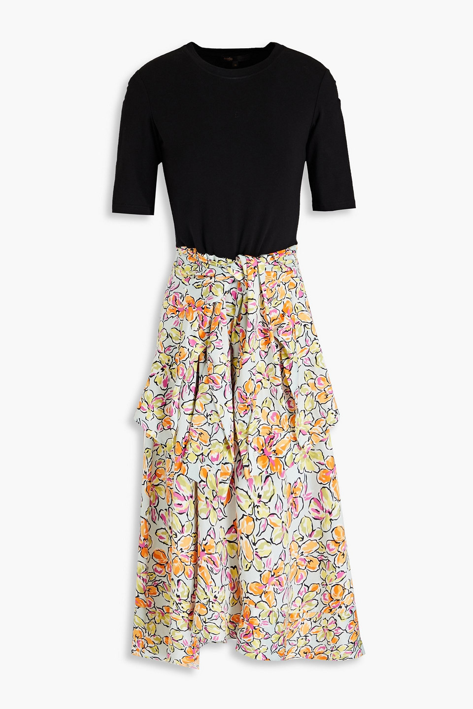 Maje Knotted Floral-print Satin-crepe And Stretch-cotton Jersey Midi Dress In Sky Blue