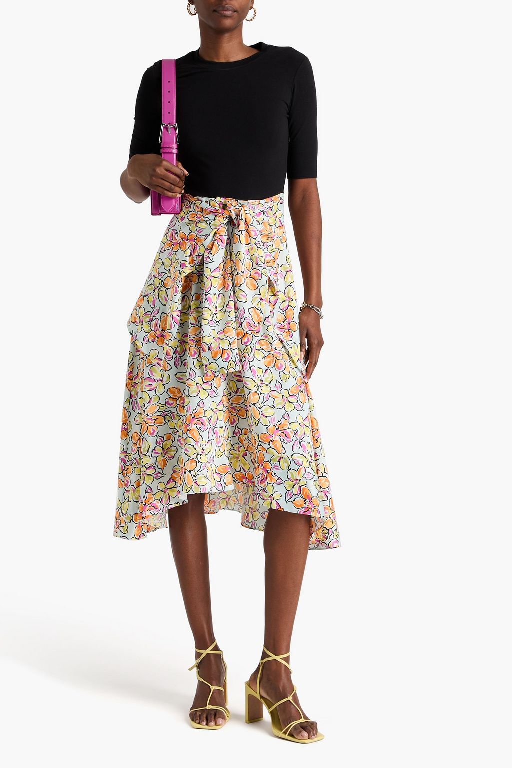 MAJE Knotted floral-print satin-crepe and stretch-cotton jersey midi dress