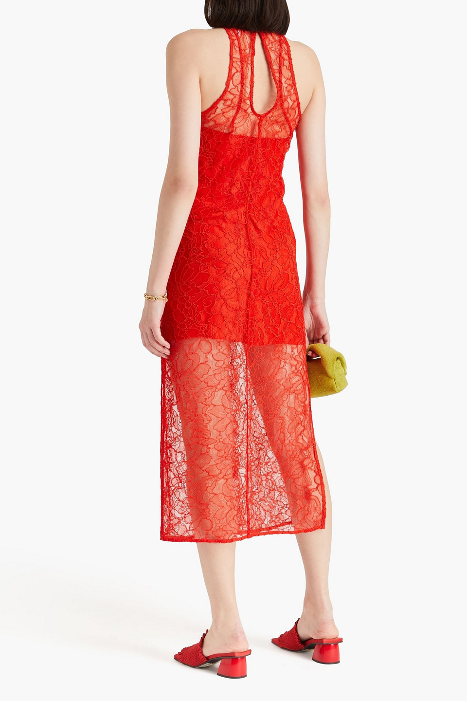 Ganni Sleeveless Red Lace Halter Neck Dress In Tomato Red