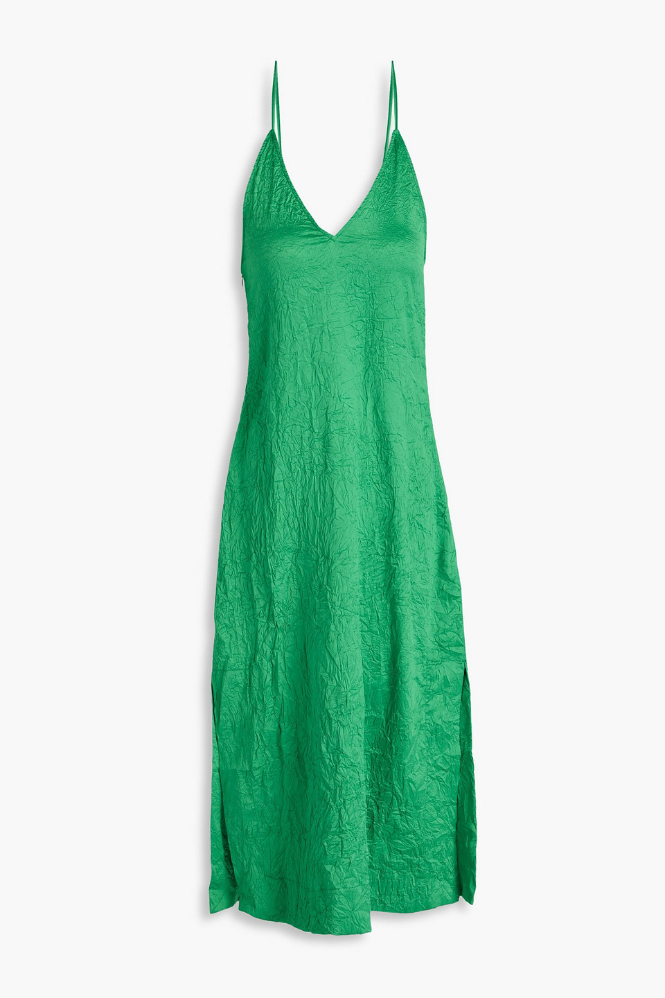 Ganni Crinkled Satin Midi Dress In Green