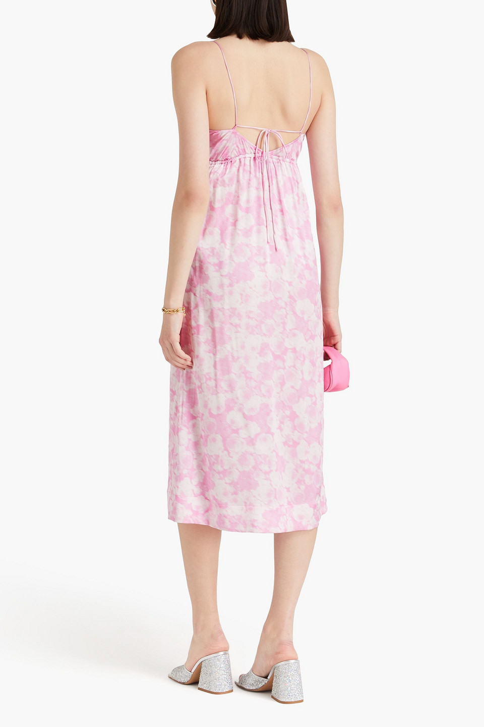 Shop Ganni Tie-detailed Printed Silk-blend Satin Midi Dress In Bubblegum