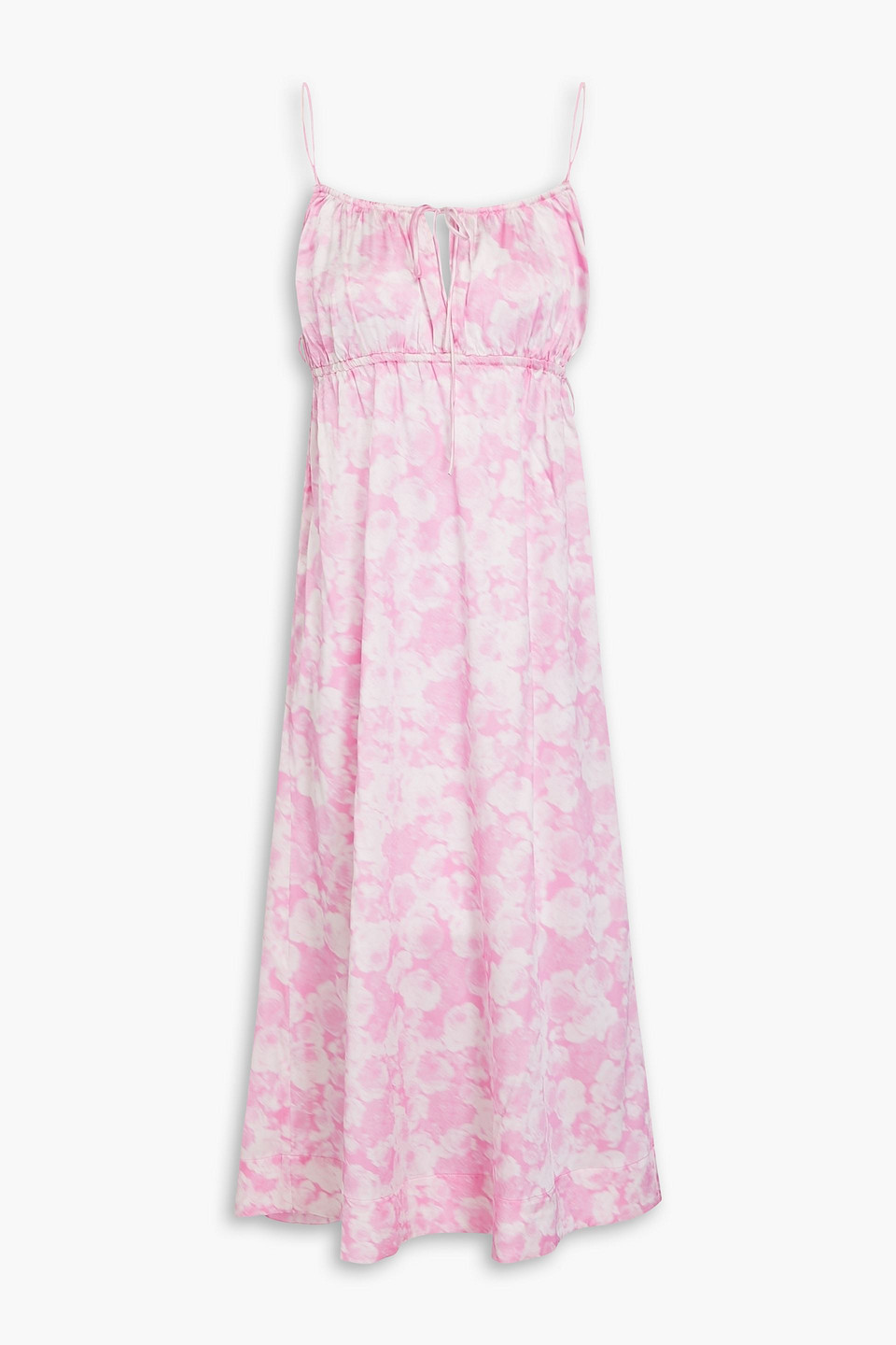 Ganni Tie-detailed Printed Silk-blend Satin Midi Dress In Bubblegum