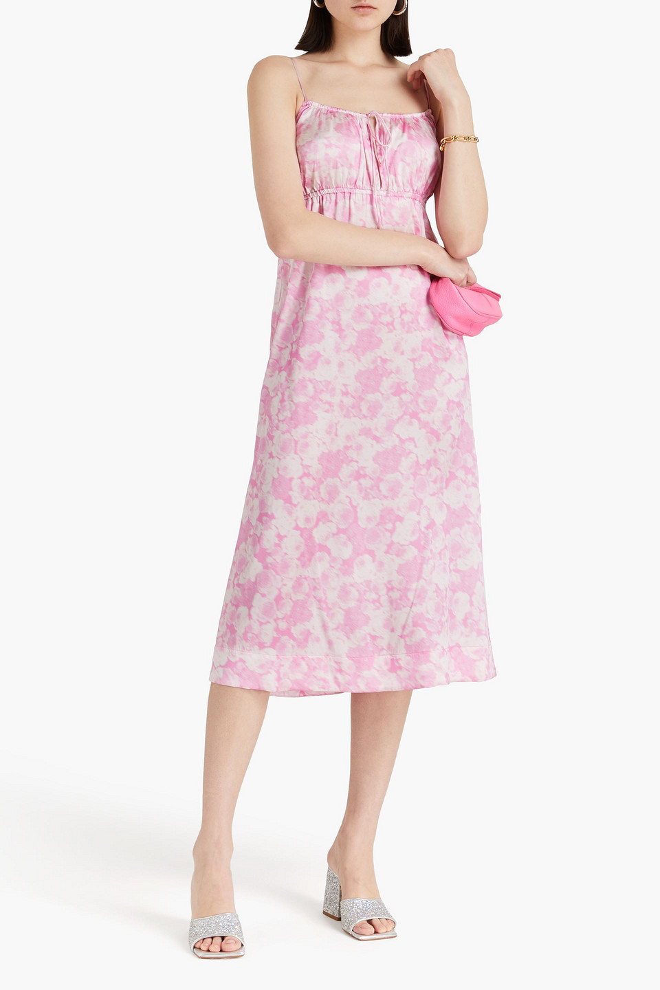 Shop Ganni Tie-detailed Printed Silk-blend Satin Midi Dress In Bubblegum