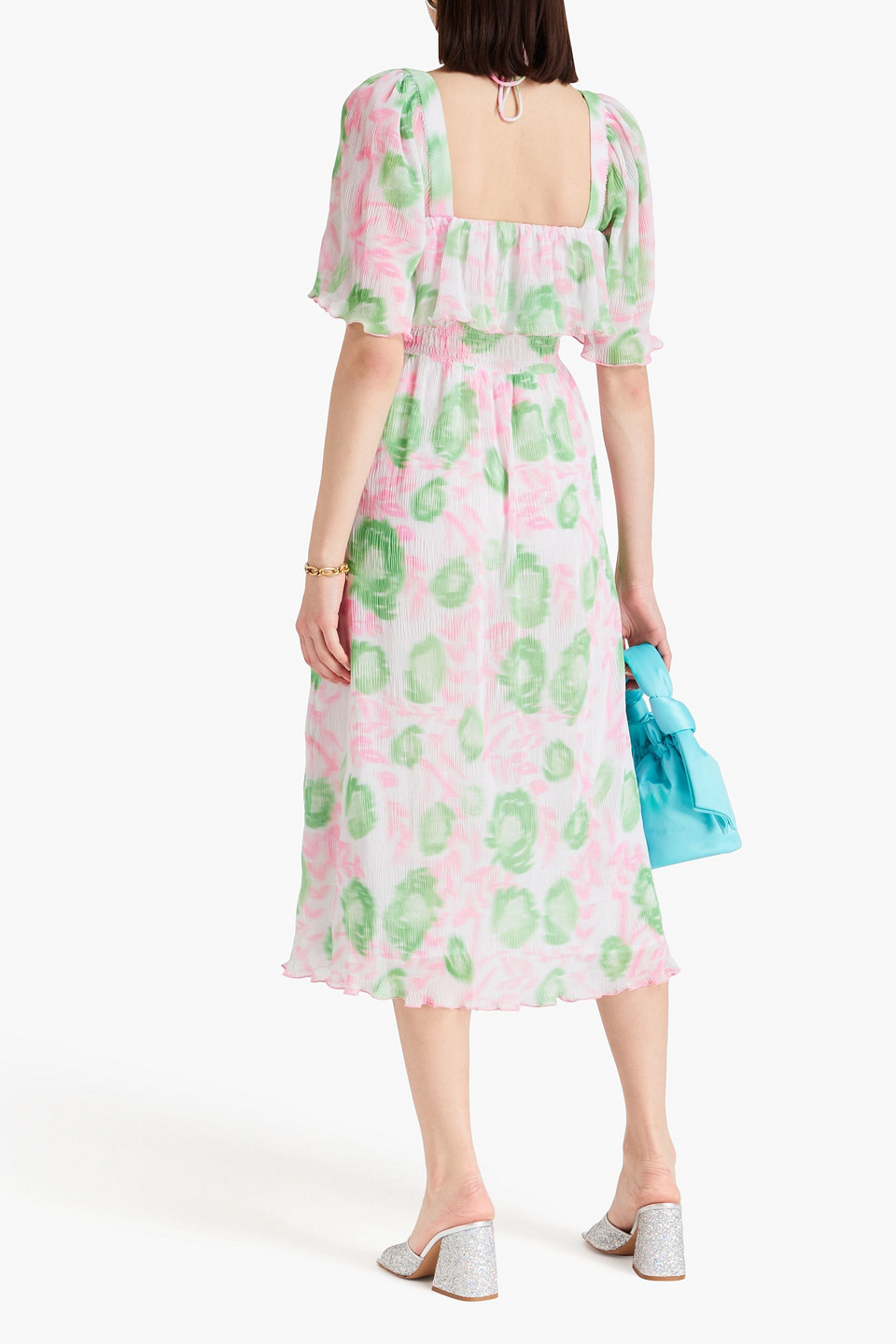 Ganni Short Sleeve Pleated Georgette Midi Smock Dress In White