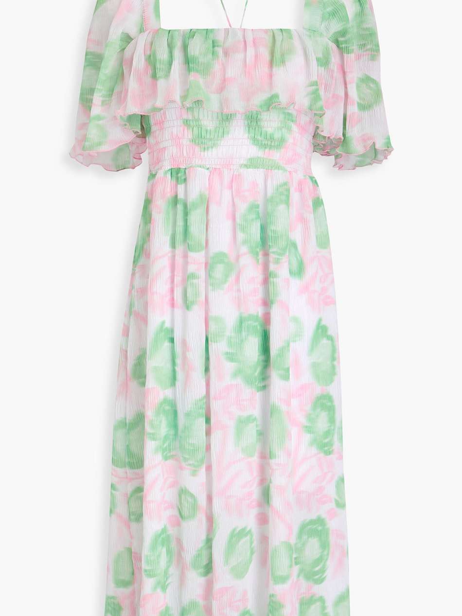 shirred printed georgette midi dress