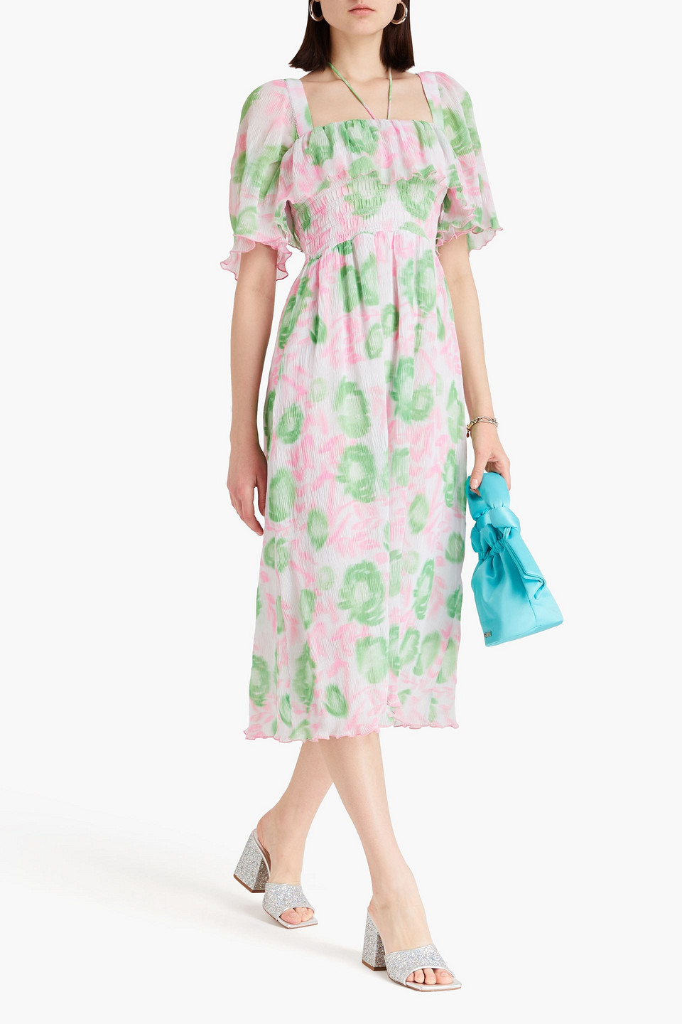 Ganni Short Sleeve Pleated Georgette Midi Smock Dress In White