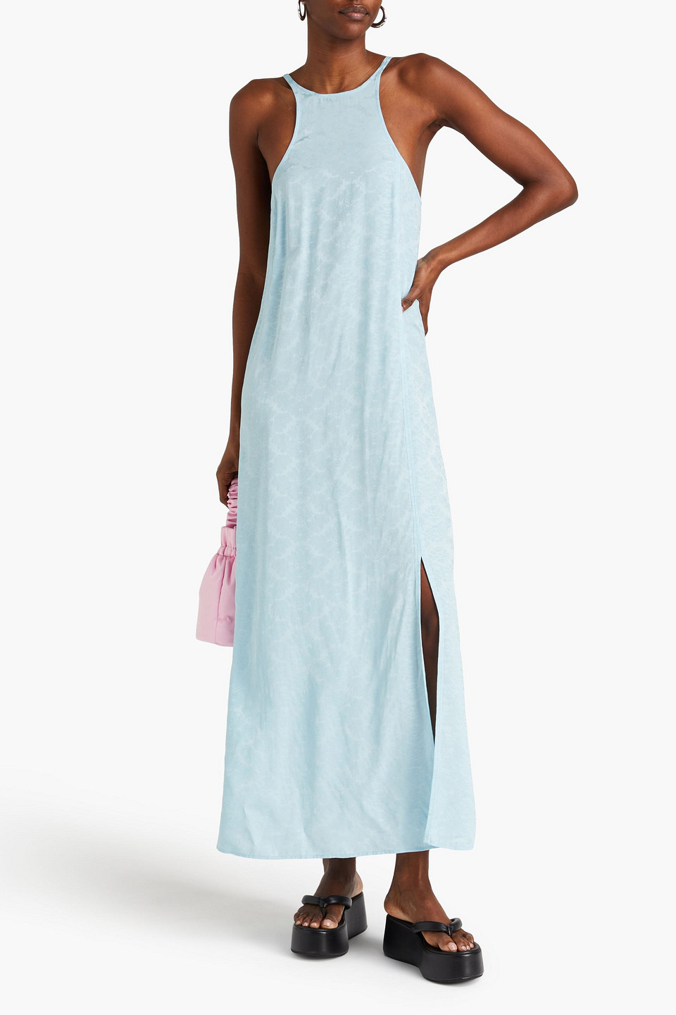 Shop Ganni Jacquard Maxi Slip Dress In Sky Blue