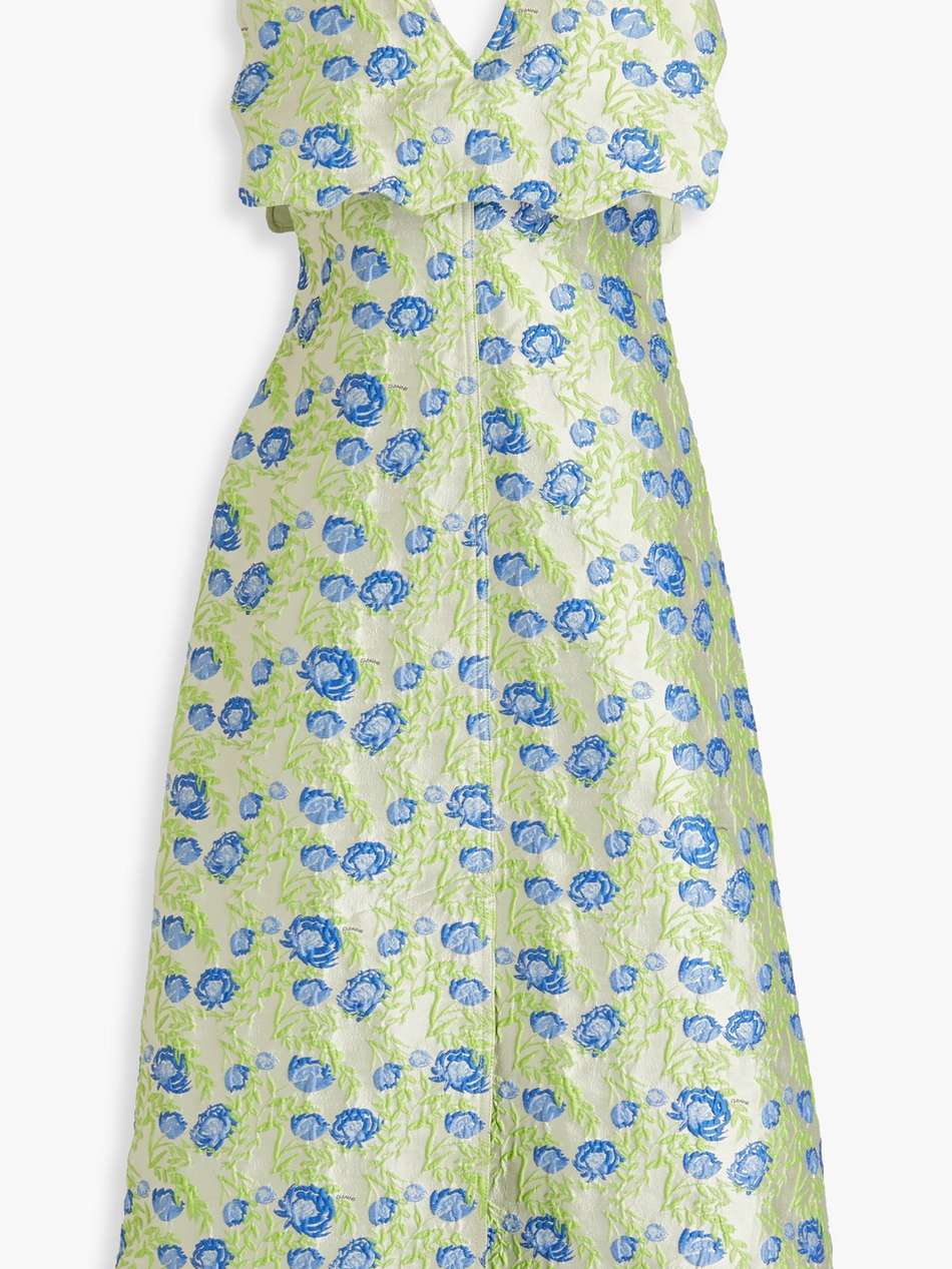 scalloped floral-jacquard midi dress