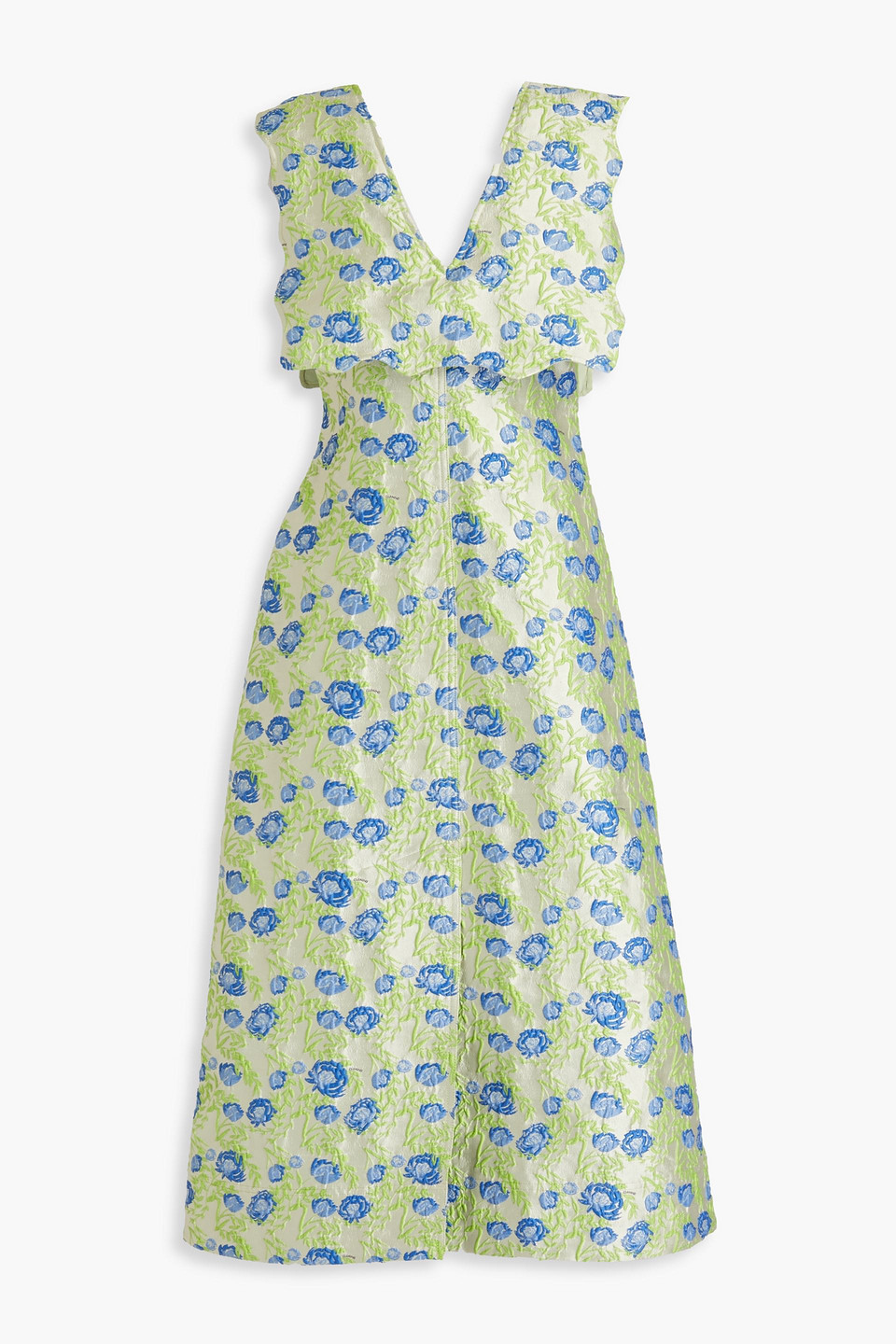 GANNI - Scalloped floral-jacquard midi dress - Green - DE 34