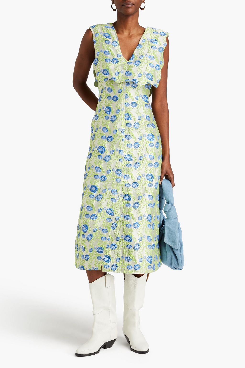 GANNI Scalloped floral-jacquard midi dress