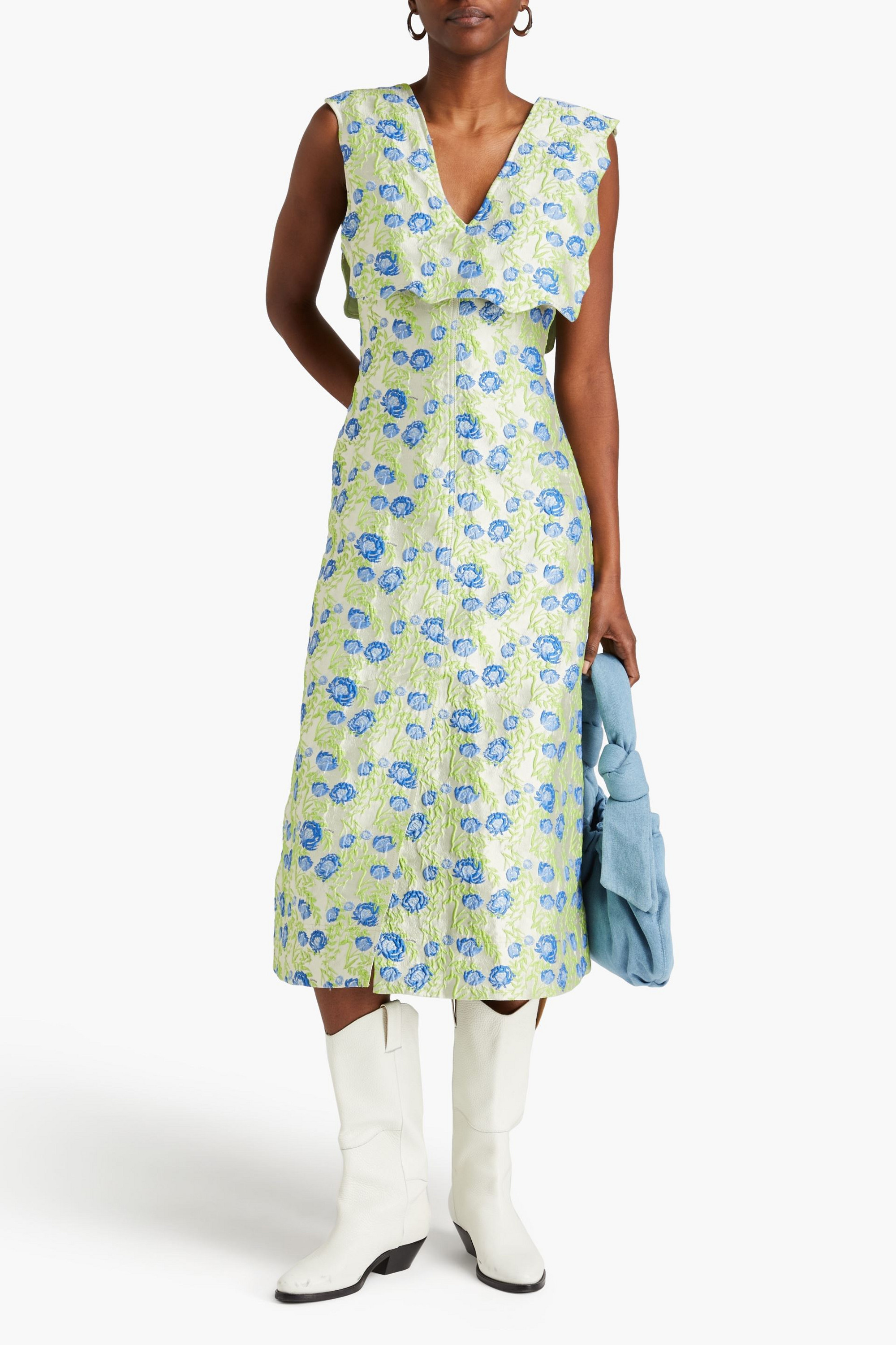 GANNI Scalloped floral-jacquard midi dress
