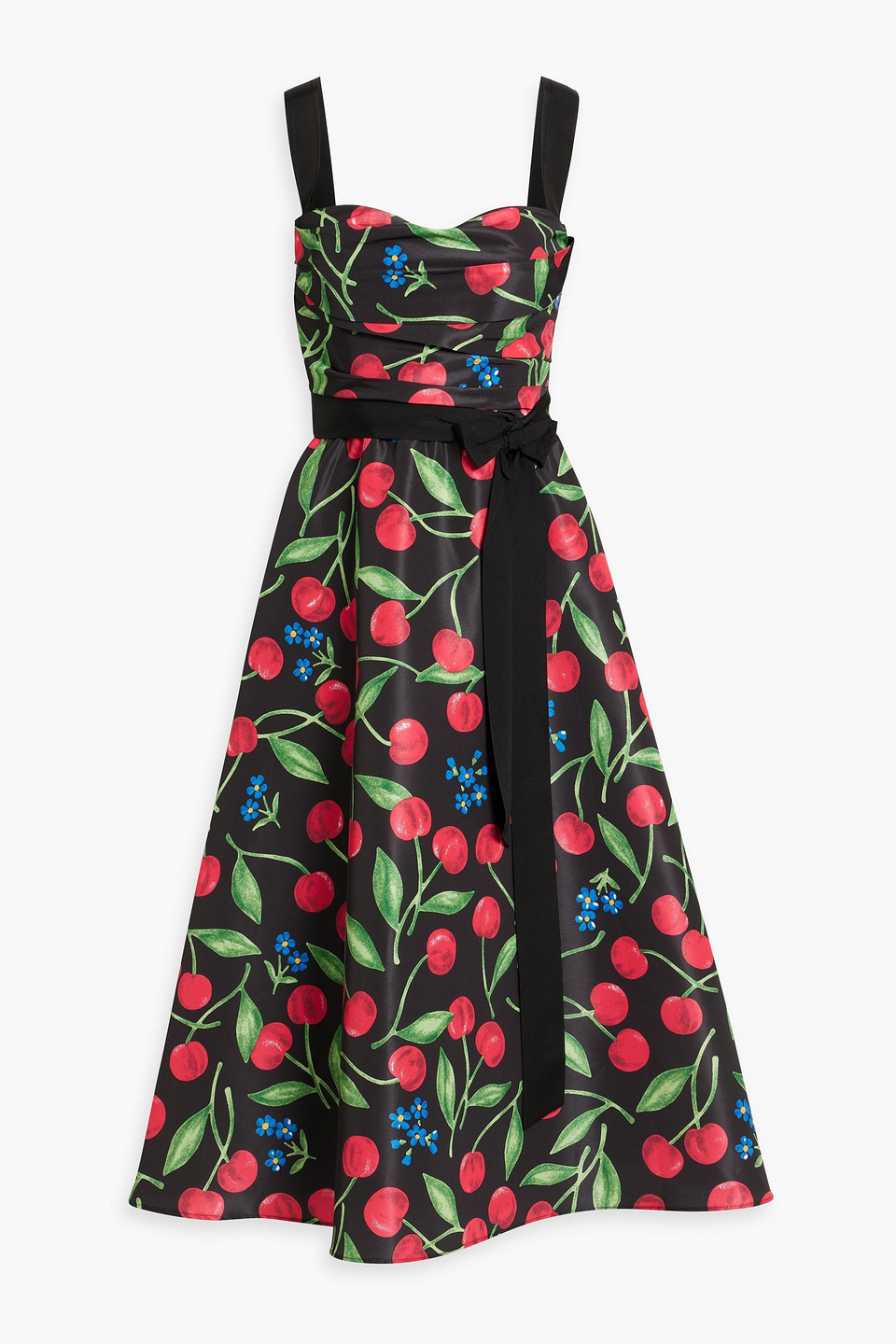 Carolina Herrera Cherry-print Draped Sash Midi Dress In Black