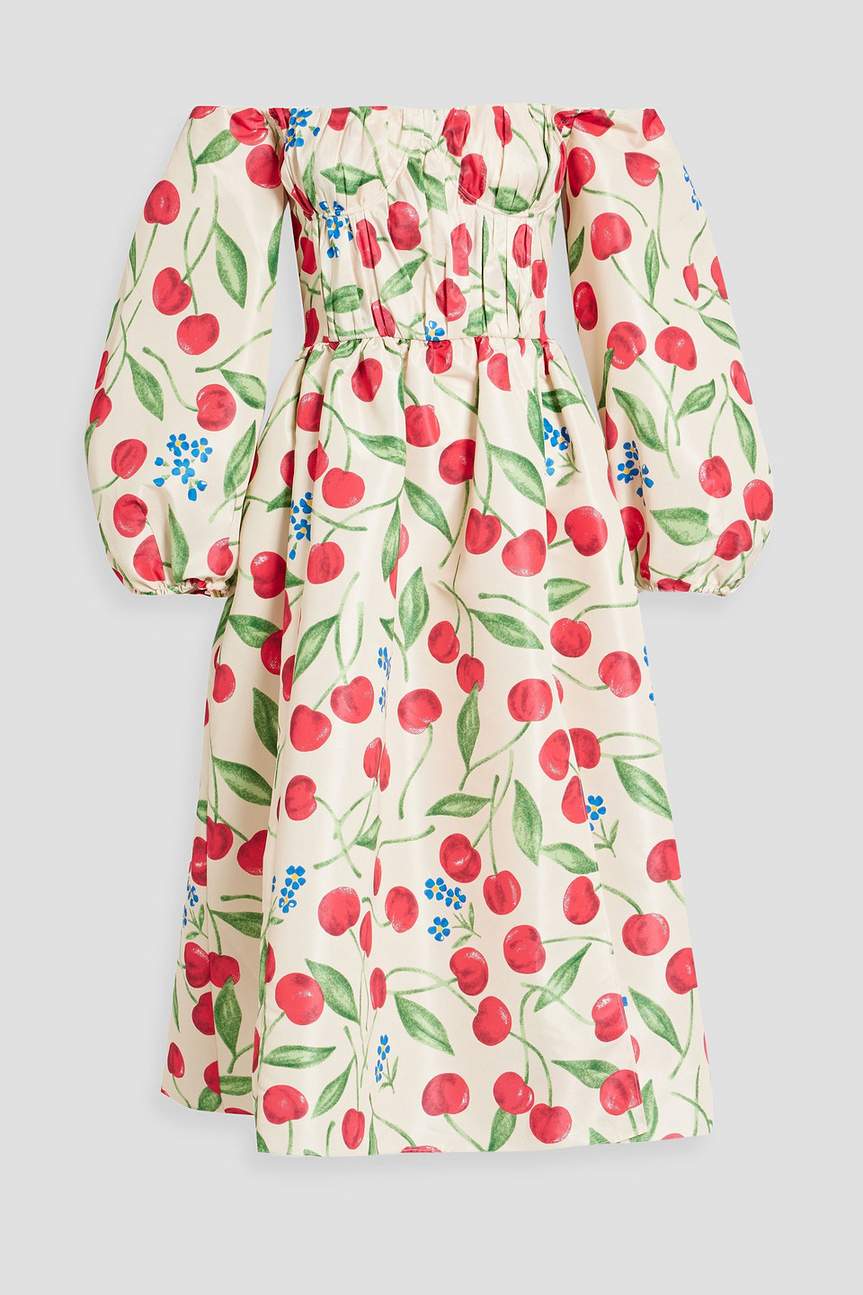 Carolina Herrera Cherry-print Off-the-shoulder Balloon-sleeve Midi Dress In Cream