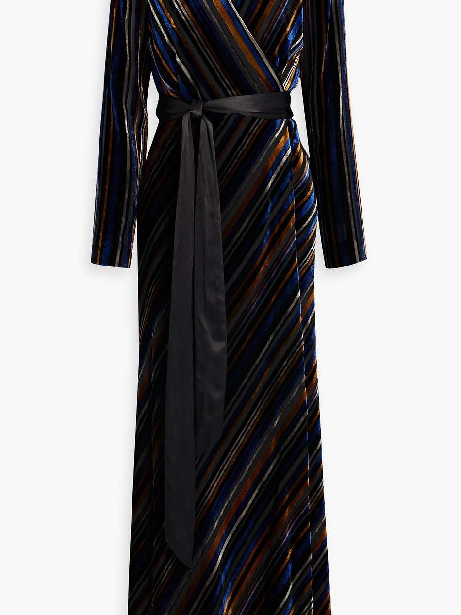 jareth striped devoré-velvet maxi wrap dress