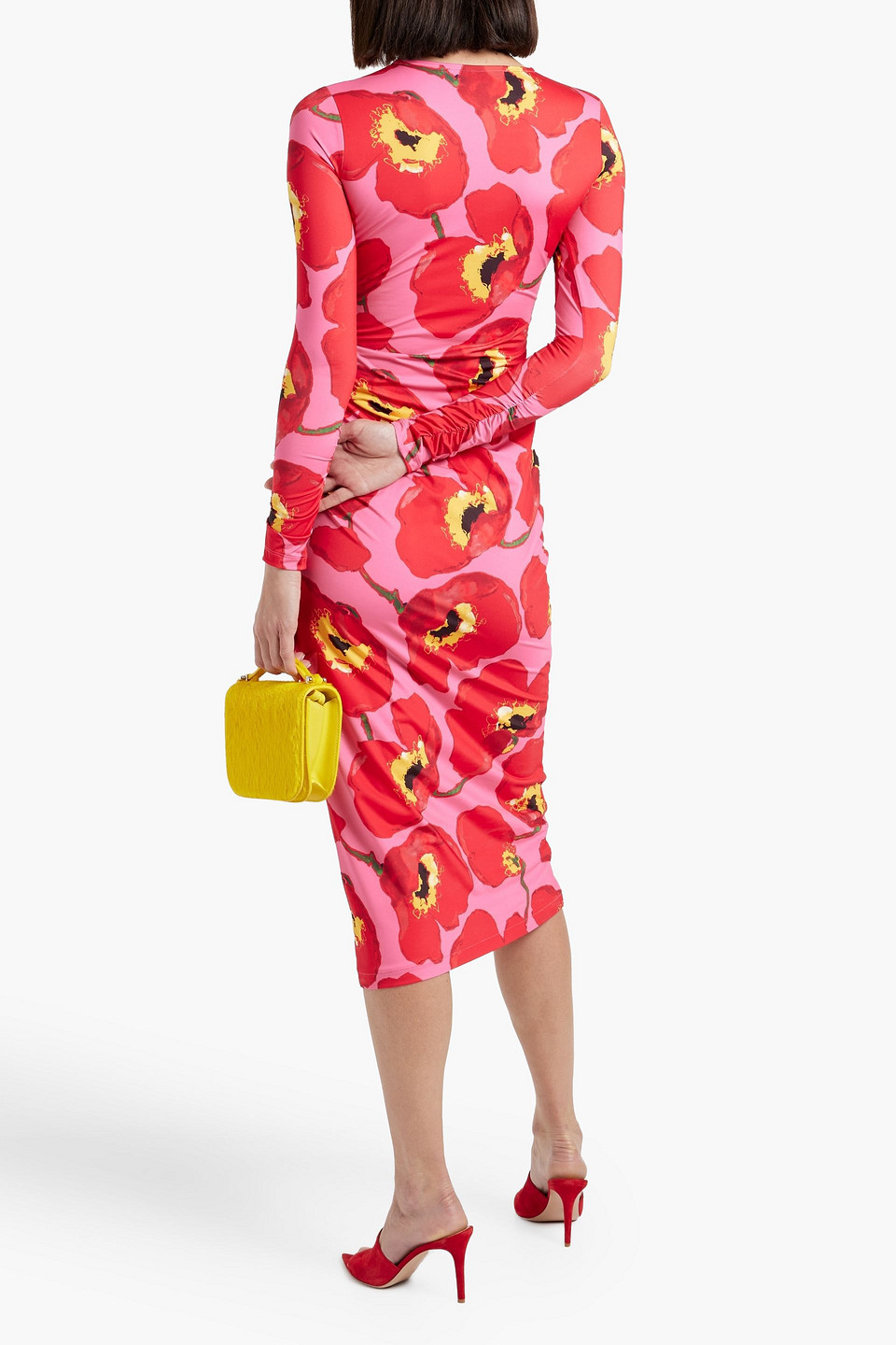 Shop Carolina Herrera Ruched Floral-print Satin Midi Dress In Red