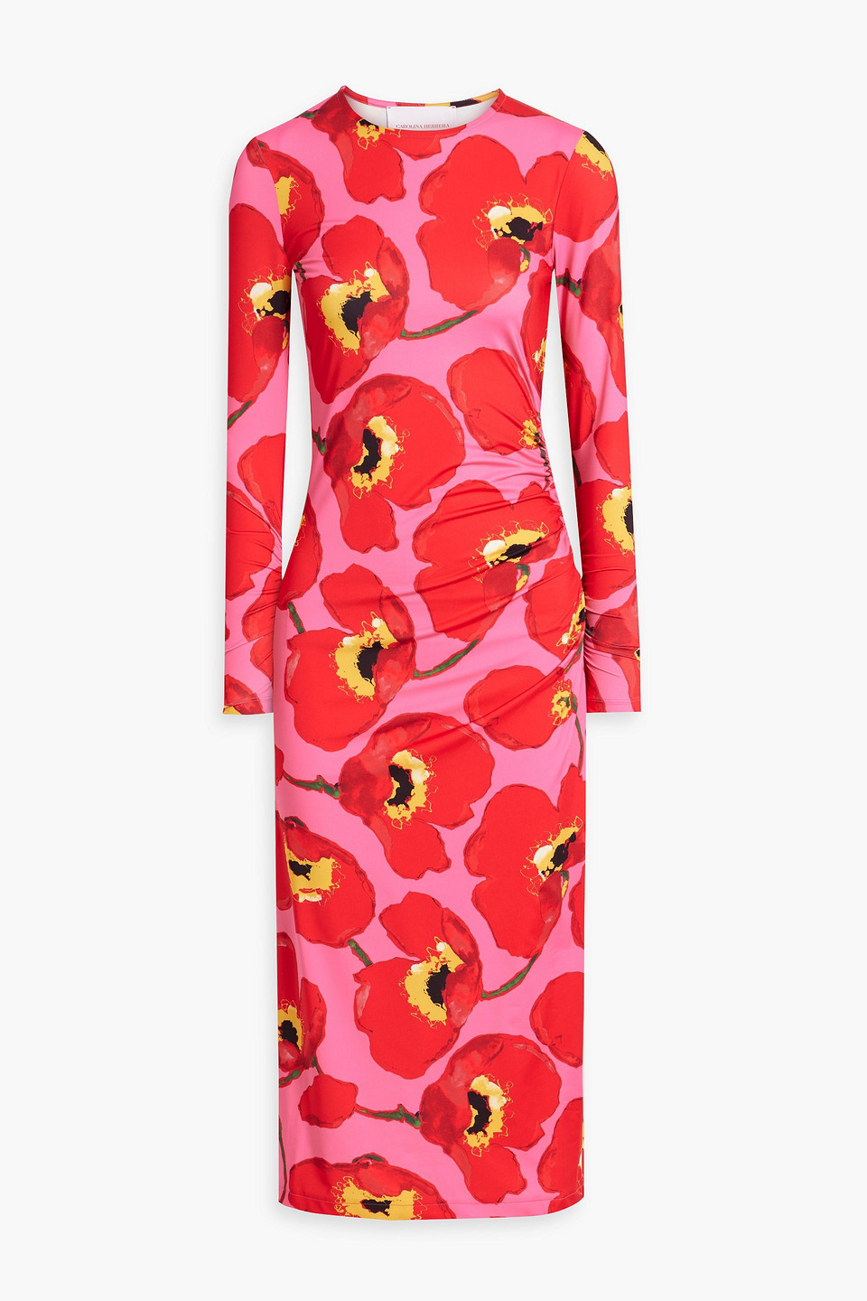 Carolina Herrera Ruched Floral-print Satin Midi Dress In Red